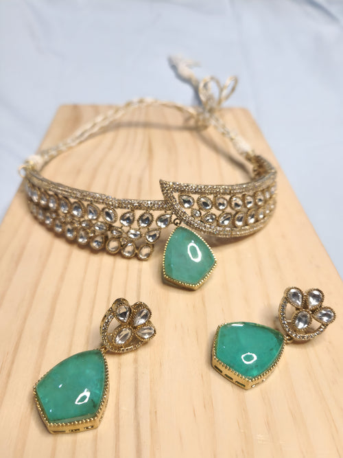 Green Russian Doublet Polki Necklace with Earings