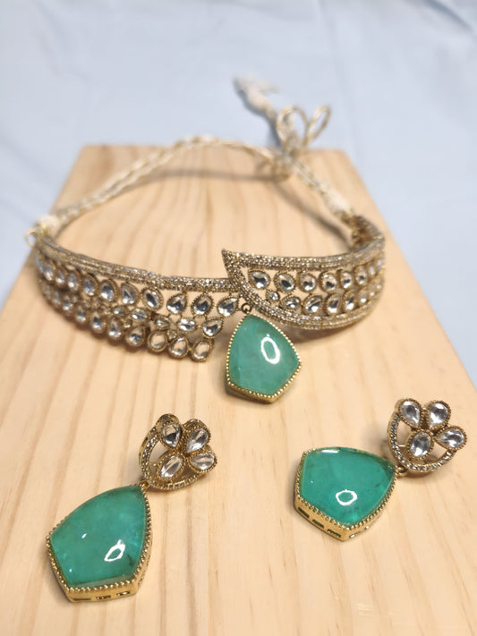 Green Russian Doublet Polki Necklace with Earings