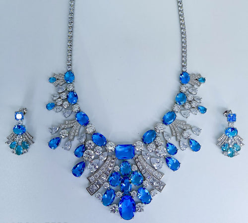 Blue White CZ Premium Necklace With Earings