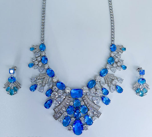 Blue White CZ Premium Necklace With Earings