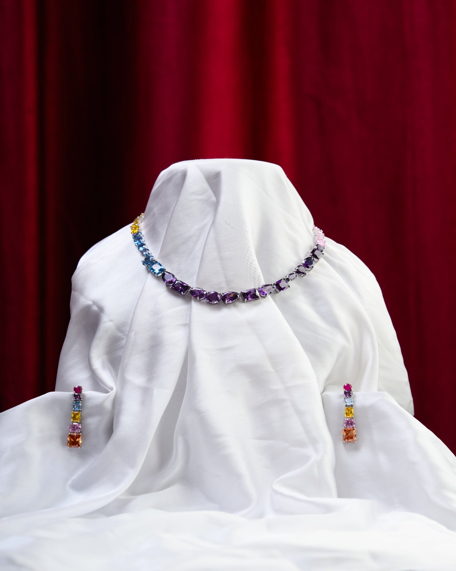 Multicolour European Crystal Silver Plated Necklace with Earrings