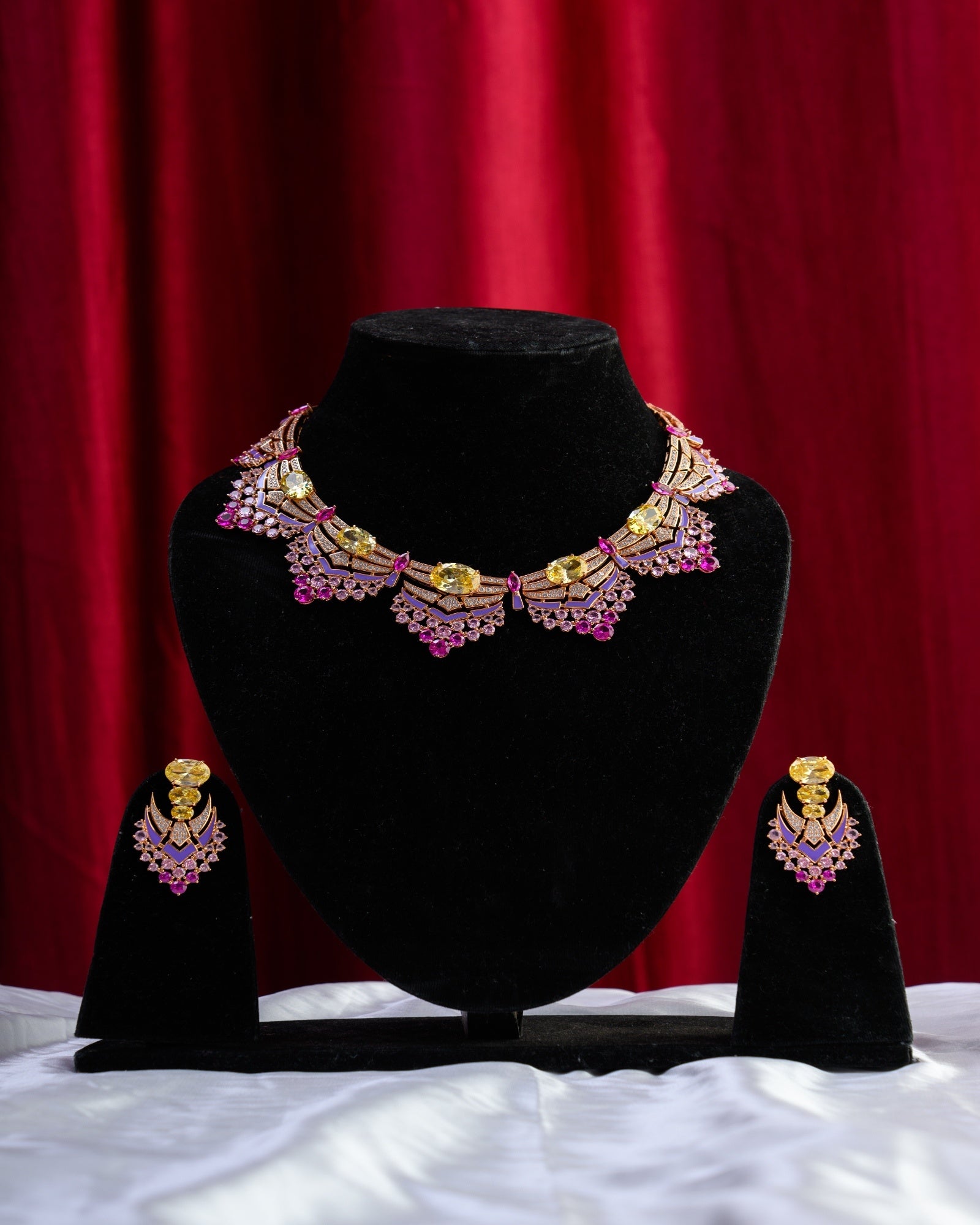 European Crystal with Pink Enamel Necklace with Earrings
