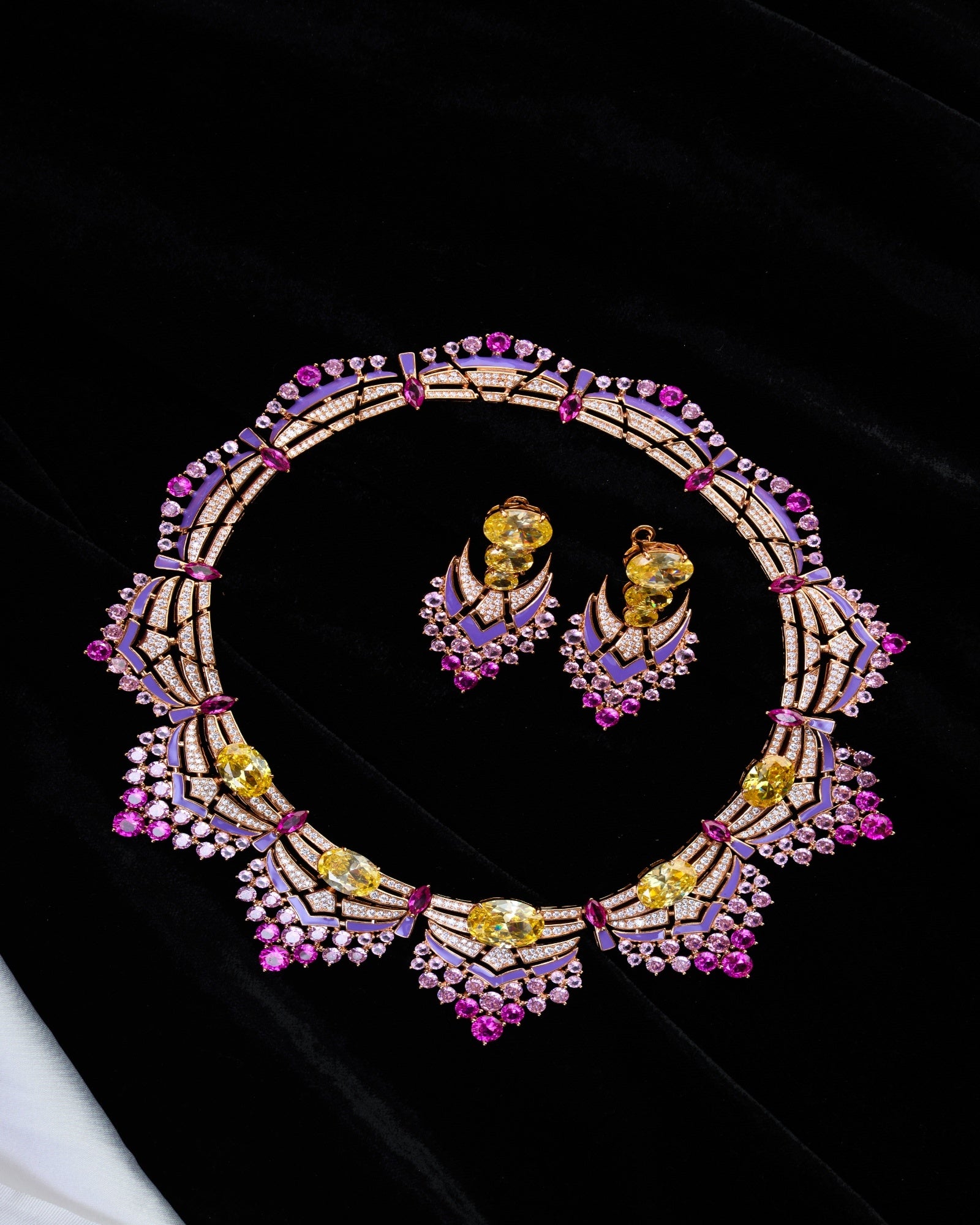 European Crystal with Pink Enamel Necklace with Earrings