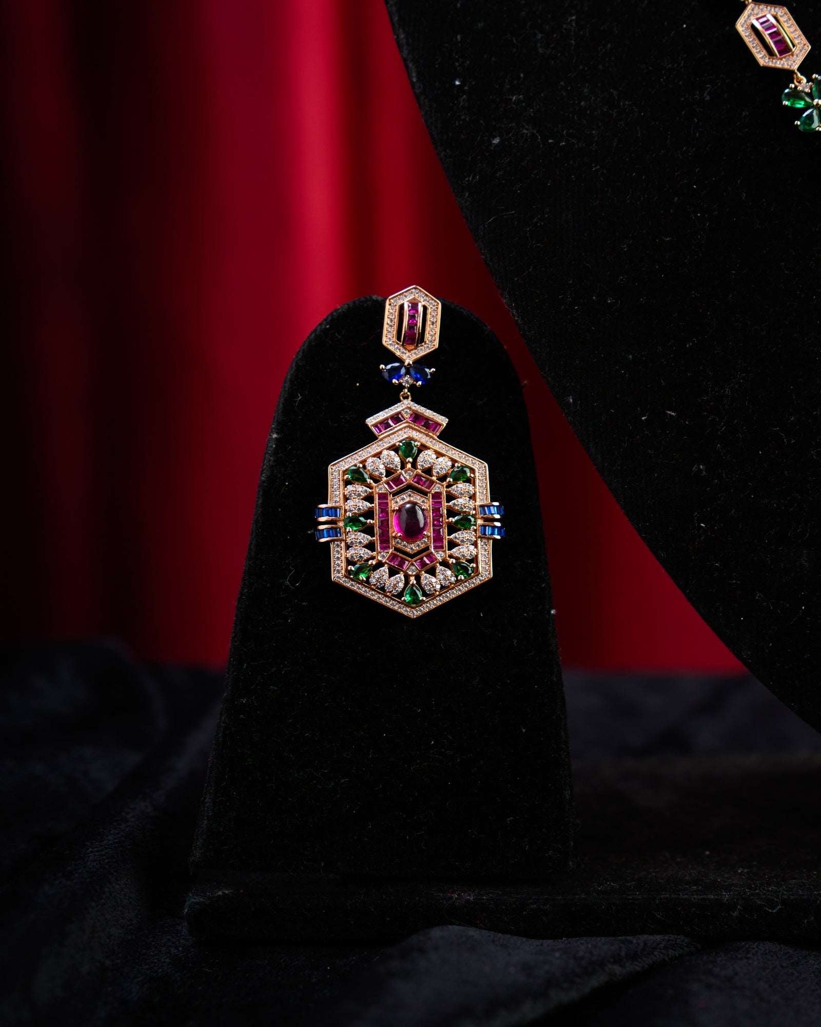 Ruby and Emerald Embossed Handcrafted Rose Gold Plated Necklace with Earrings