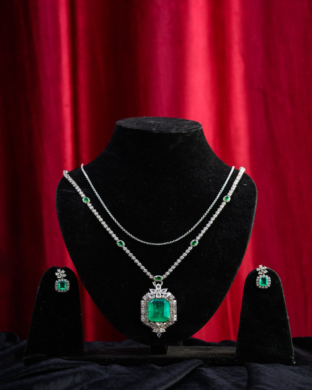 Versatile Green Russian Doublet with CZ Necklace and Extra Chain with Earrings