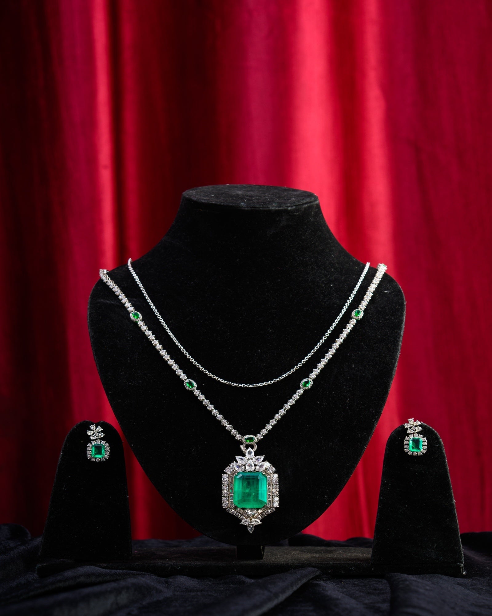 Versatile Green Russian Doublet with CZ Necklace and Extra Chain with Earrings