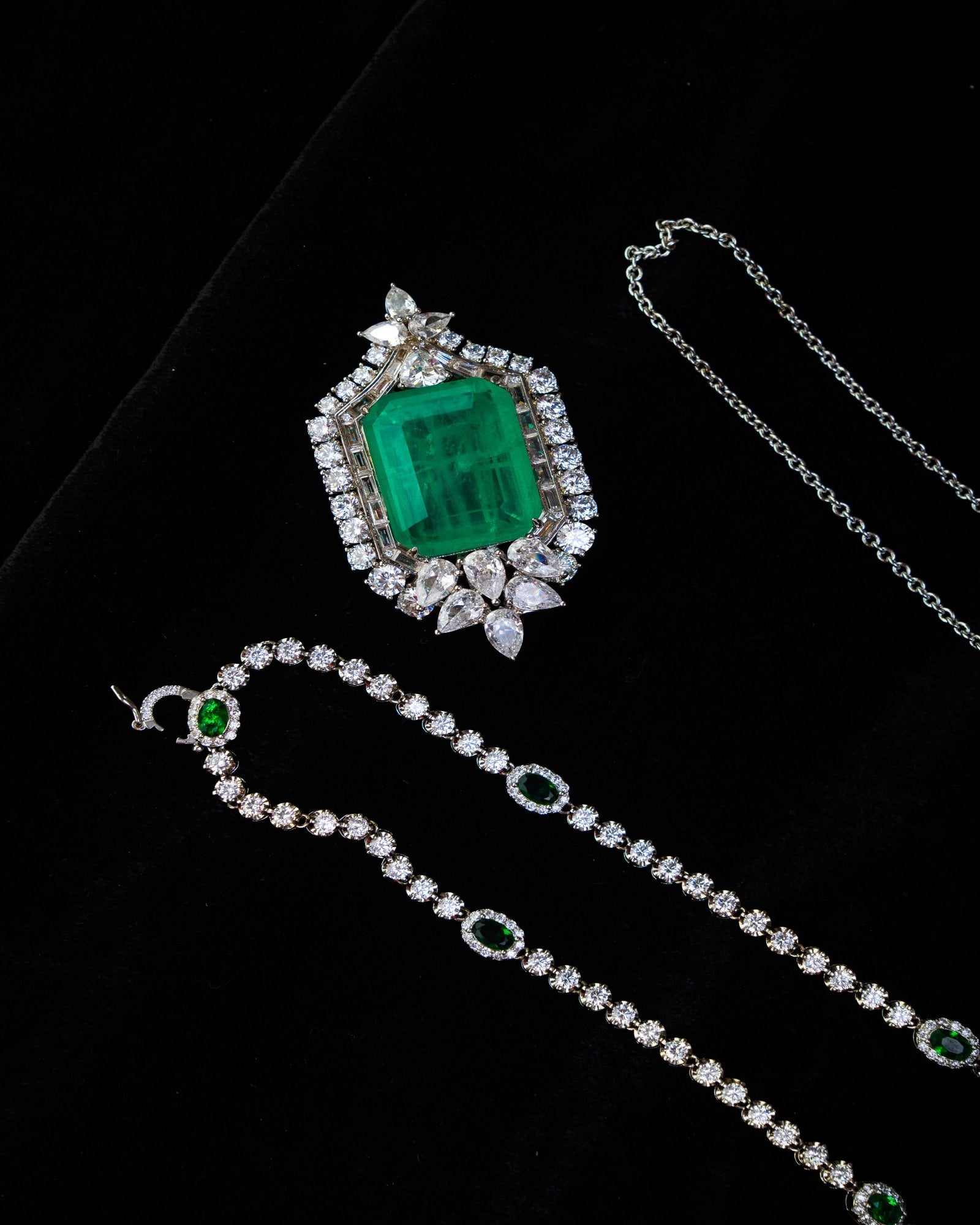 Versatile Green Russian Doublet with CZ Necklace and Extra Chain with Earrings