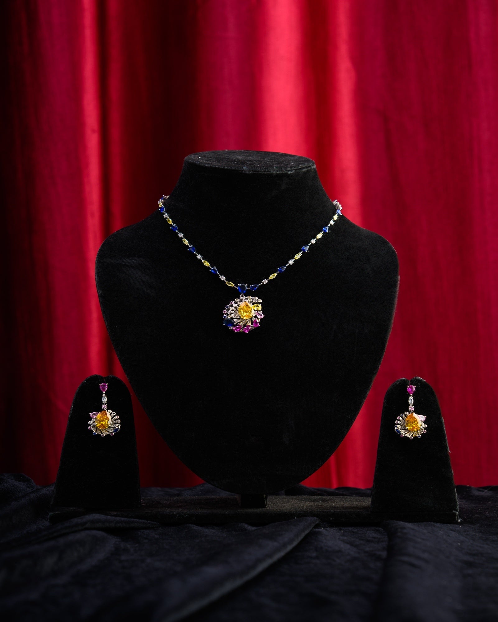 Golden Swarovski with Blue and White CZ Necklace with Earrings