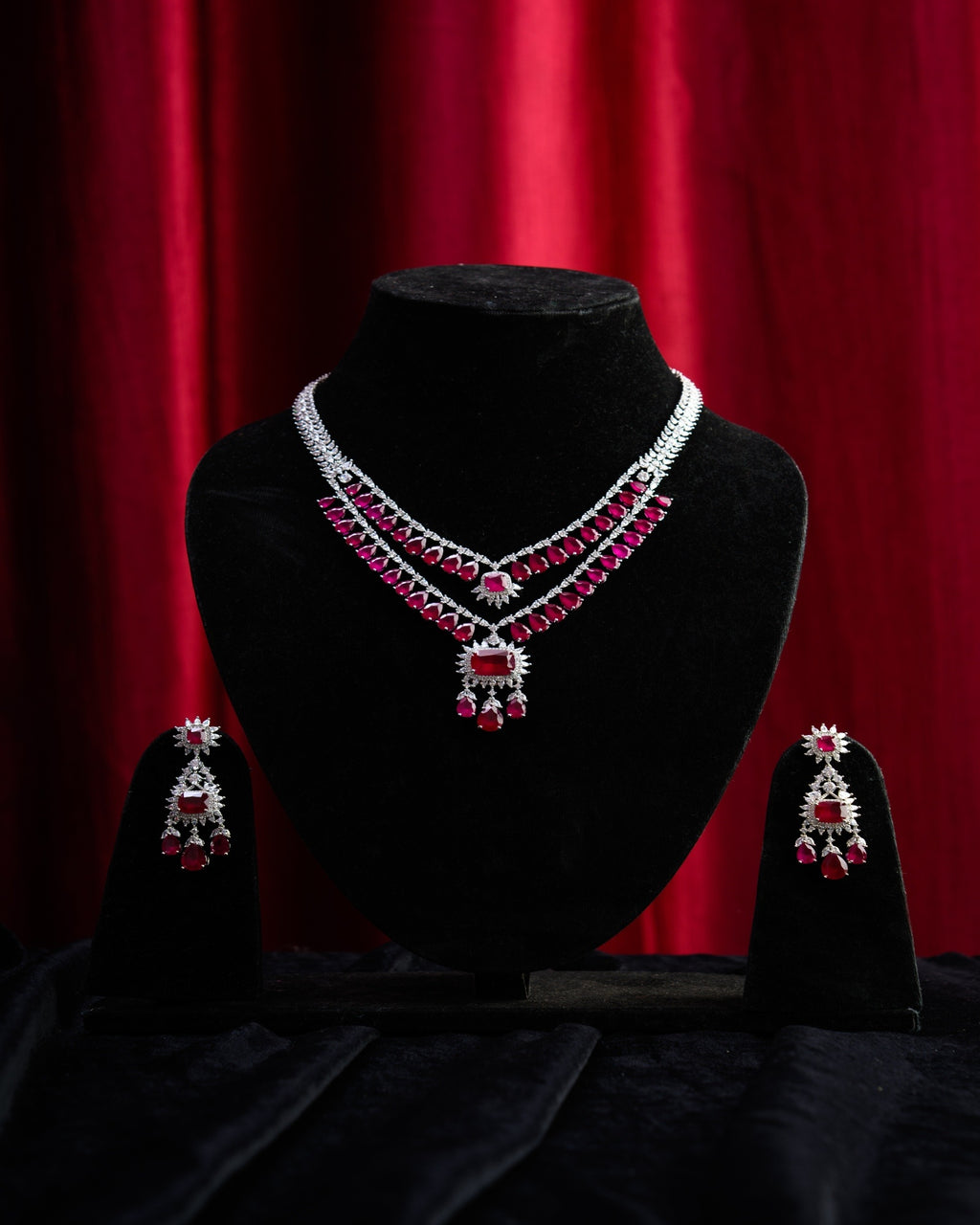 Ruby Crystal CZ Necklace with Earrings