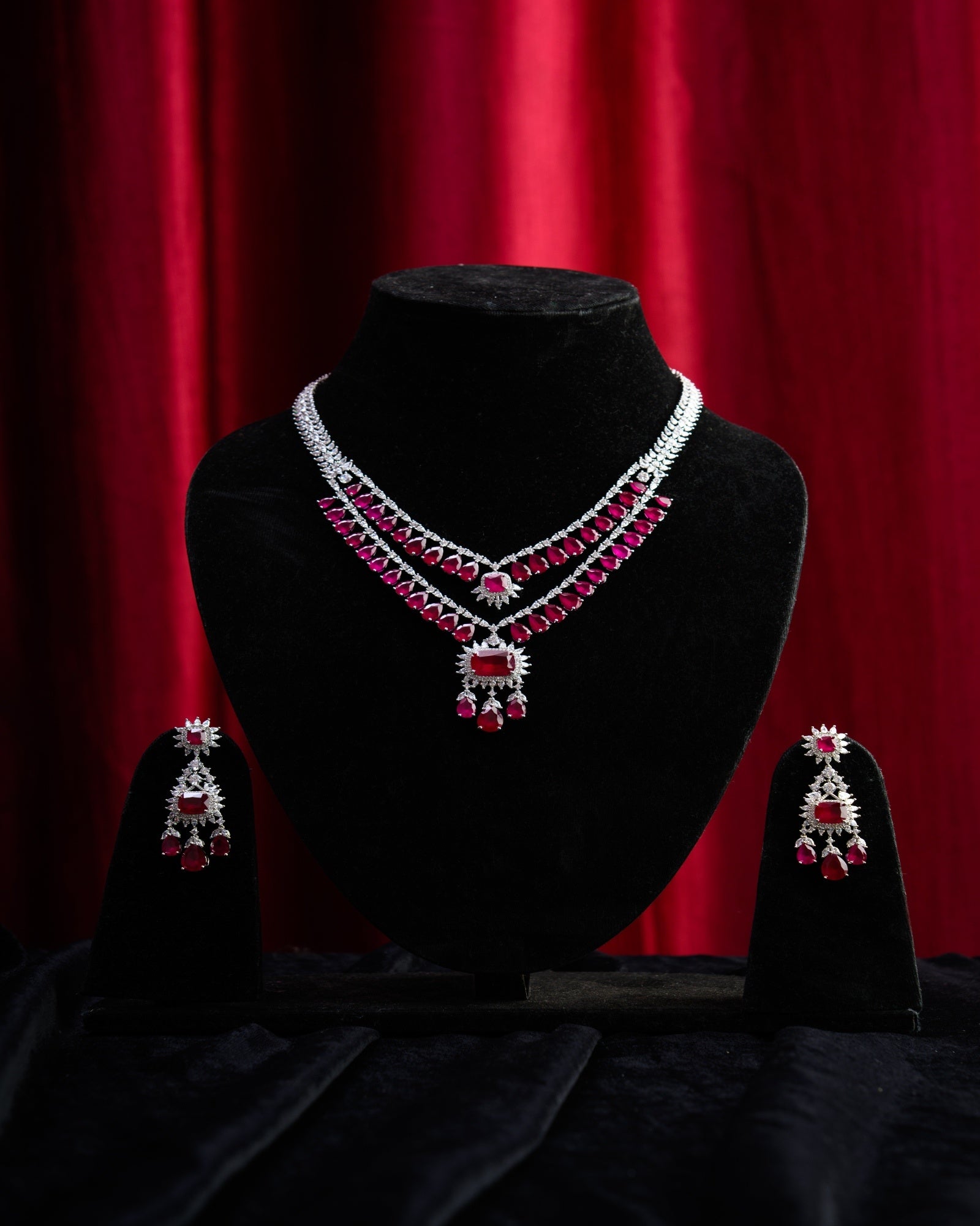 Ruby Crystal CZ Necklace with Earrings