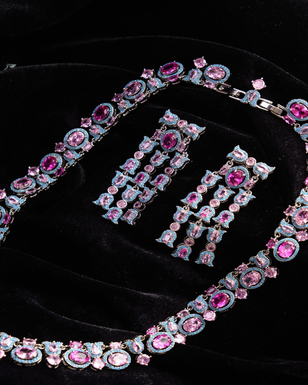 Pink European & Blue Invisible CZ Necklace and Earrings Set