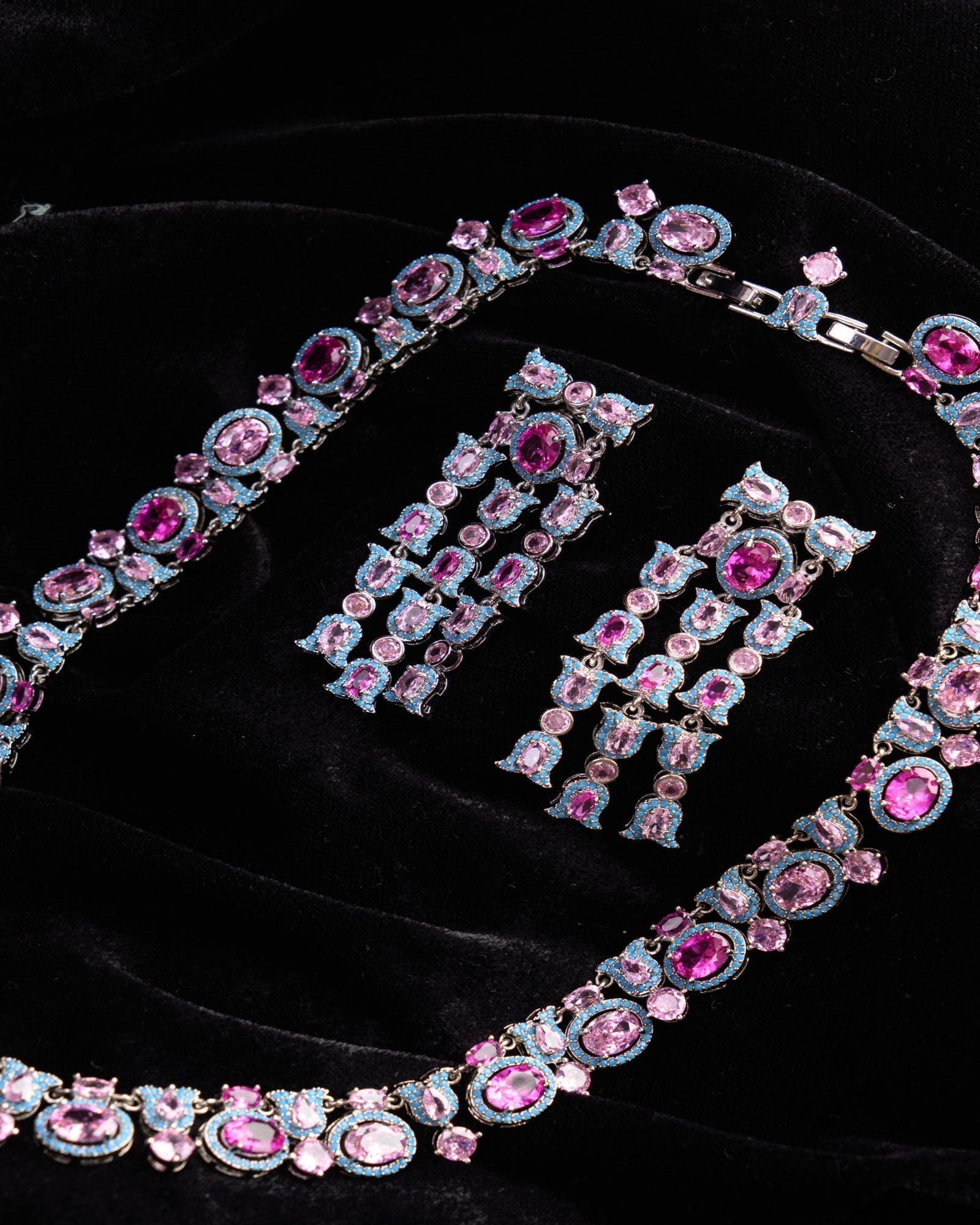 Pink European & Blue Invisible CZ Necklace and Earrings Set