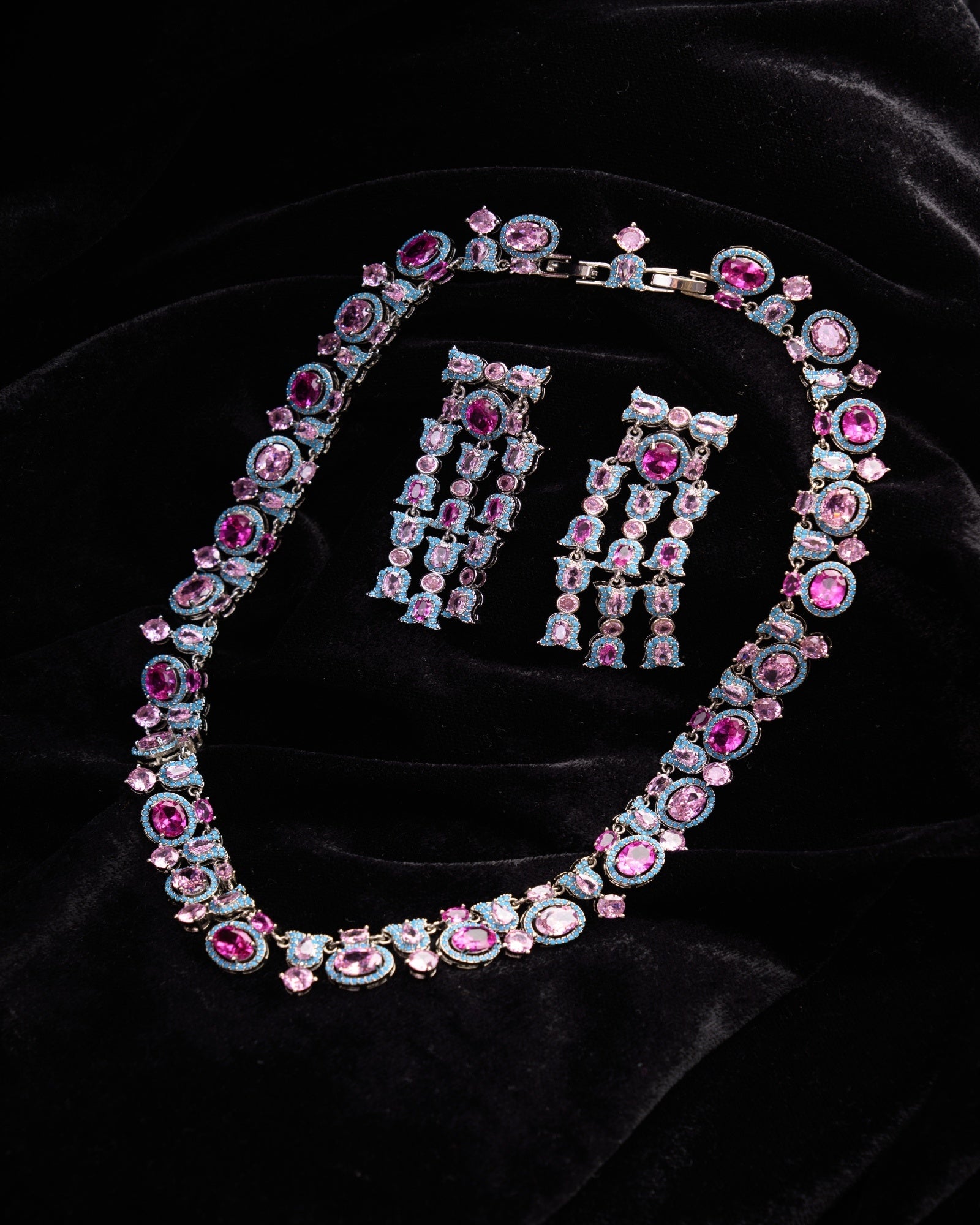 Pink European & Blue Invisible CZ Necklace and Earrings Set