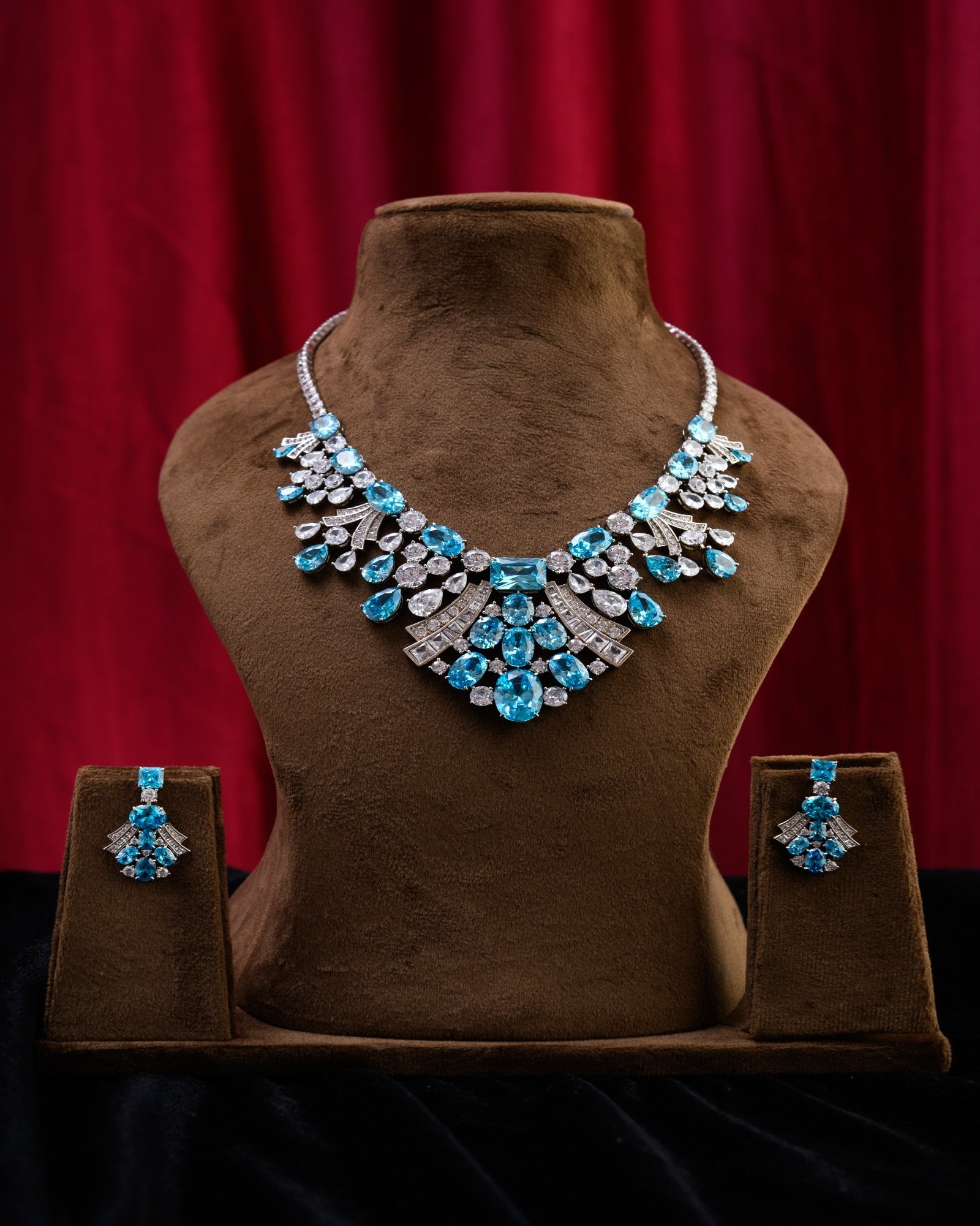Blue White CZ Premium Necklace With Earrings