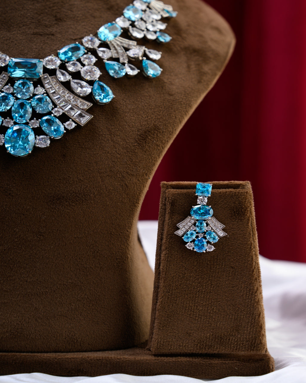 Blue White CZ Premium Necklace With Earrings