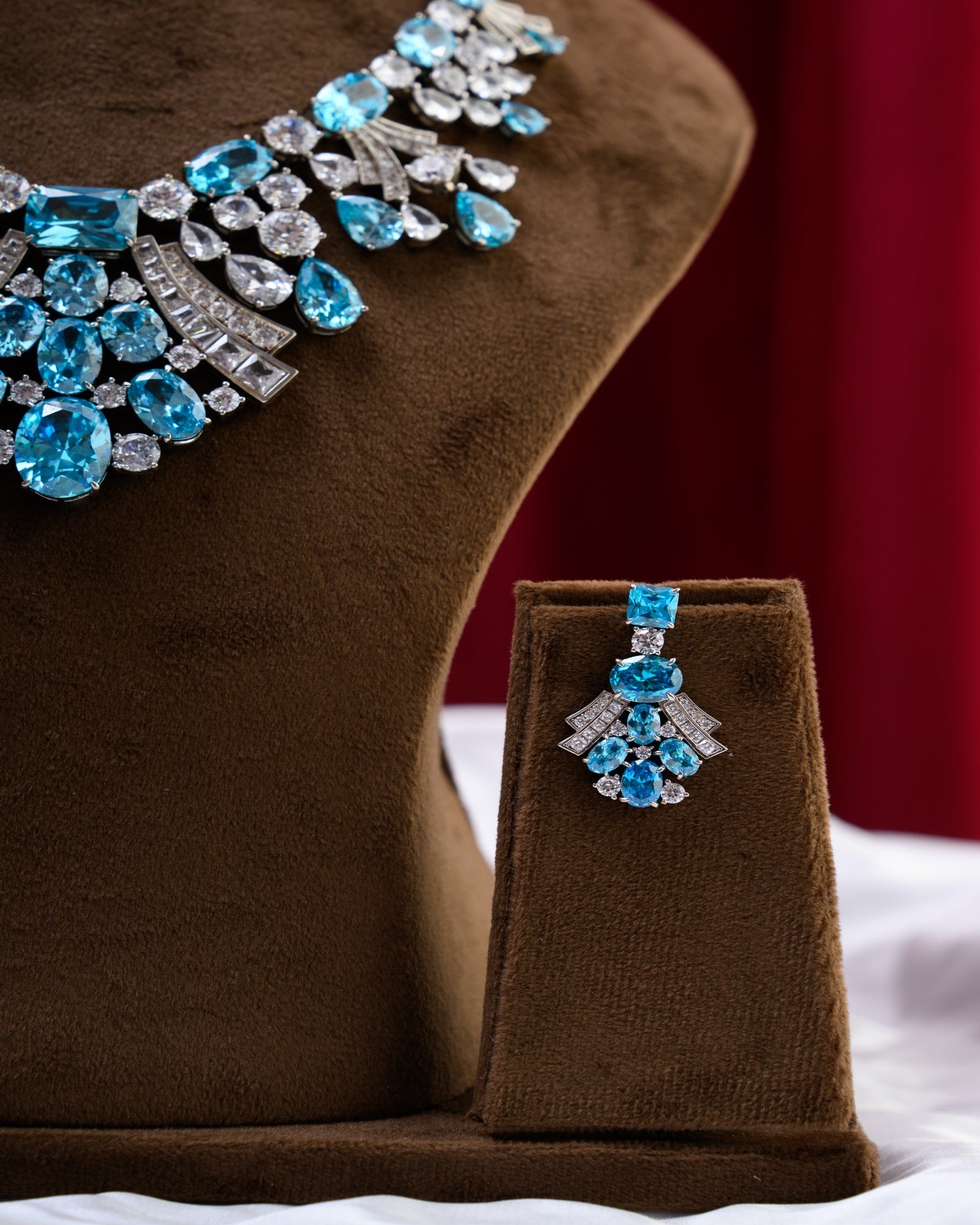 Blue White CZ Premium Necklace With Earrings