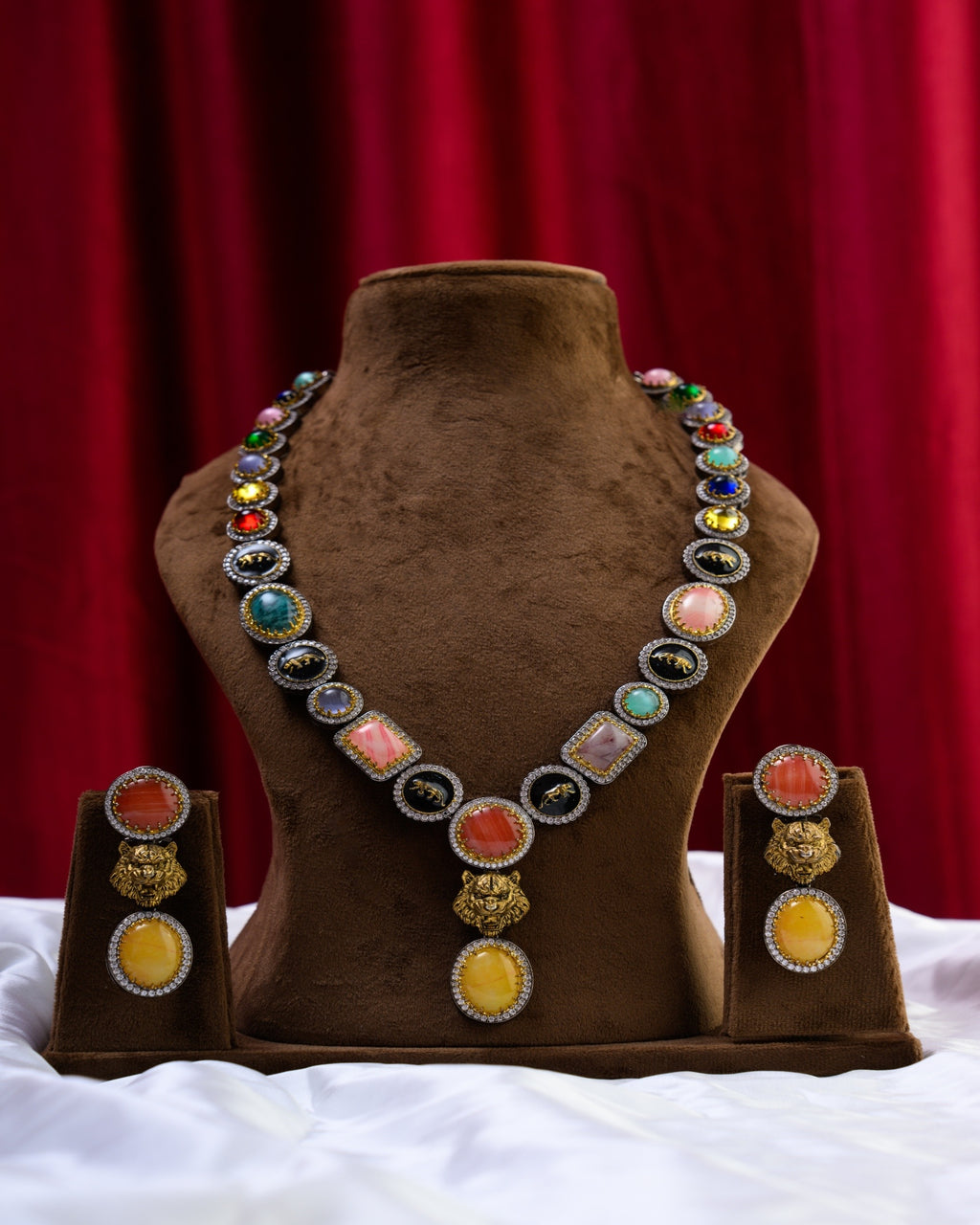 Sabyasachi Inspired Multicolour Semi-Precious Stones Necklace with Earrings