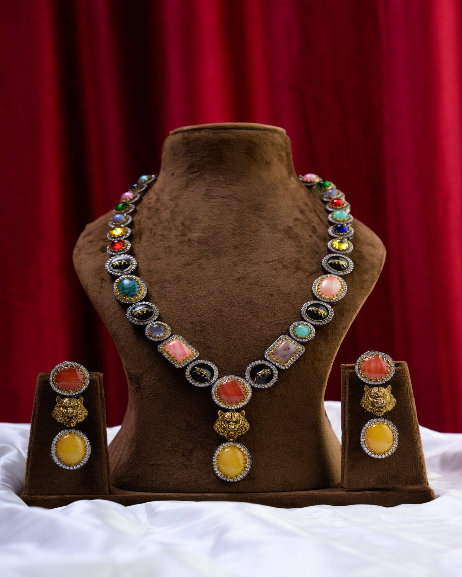 Sabyasachi Inspired Multicolour Semi-Precious Stones Necklace with Earrings
