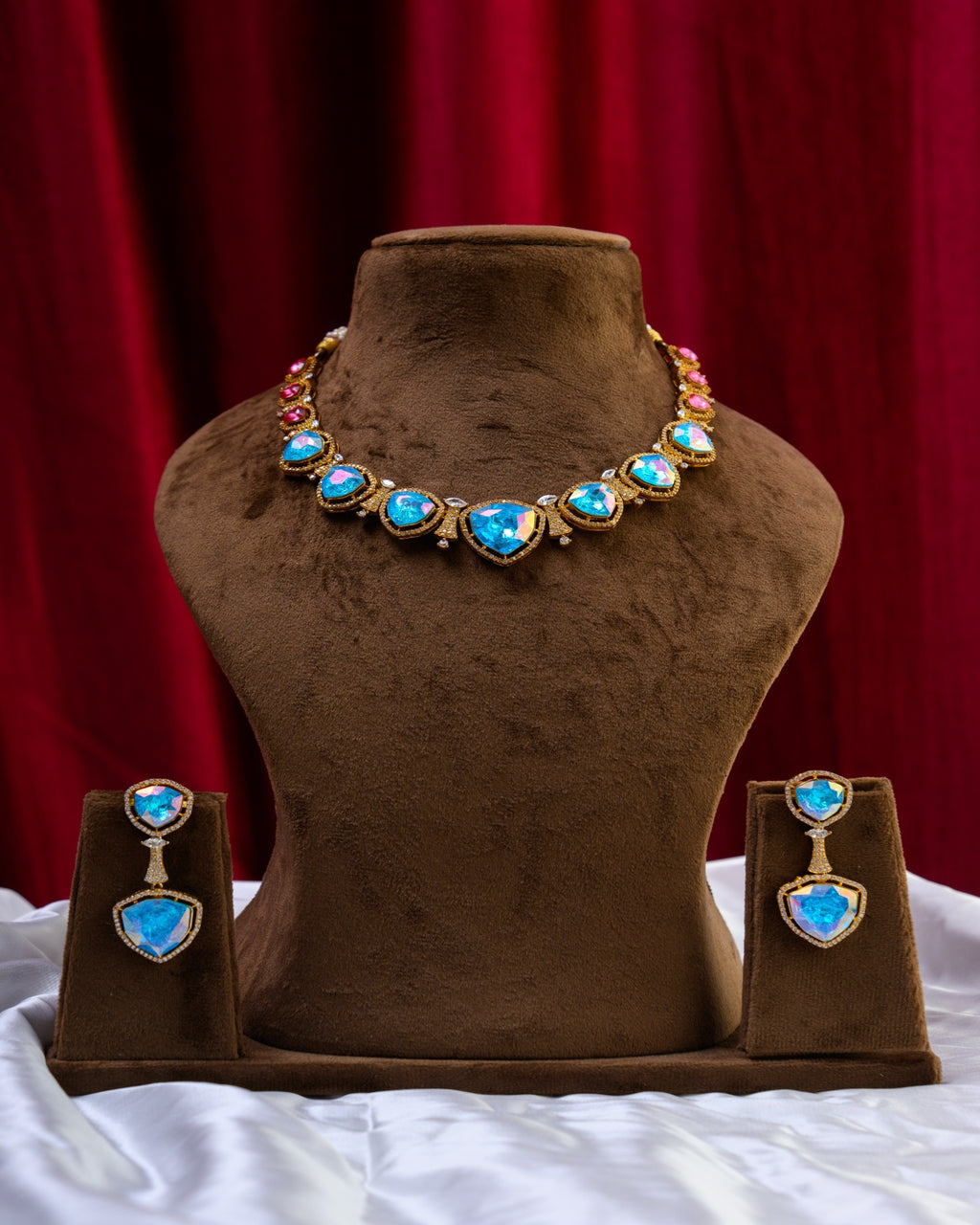 European Crystal Ruby Blue Necklace with Earrings