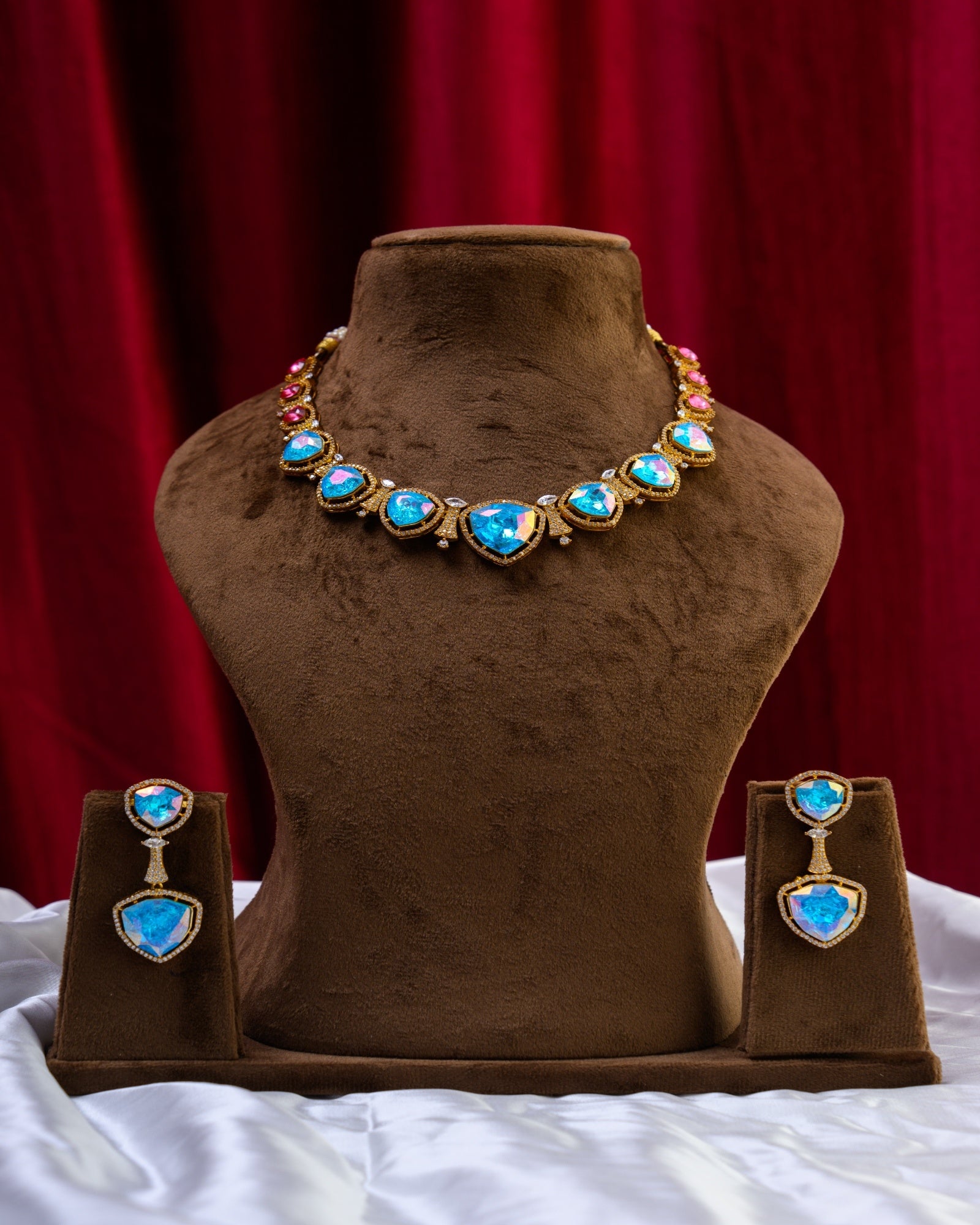 European Crystal Ruby Blue Necklace with Earrings