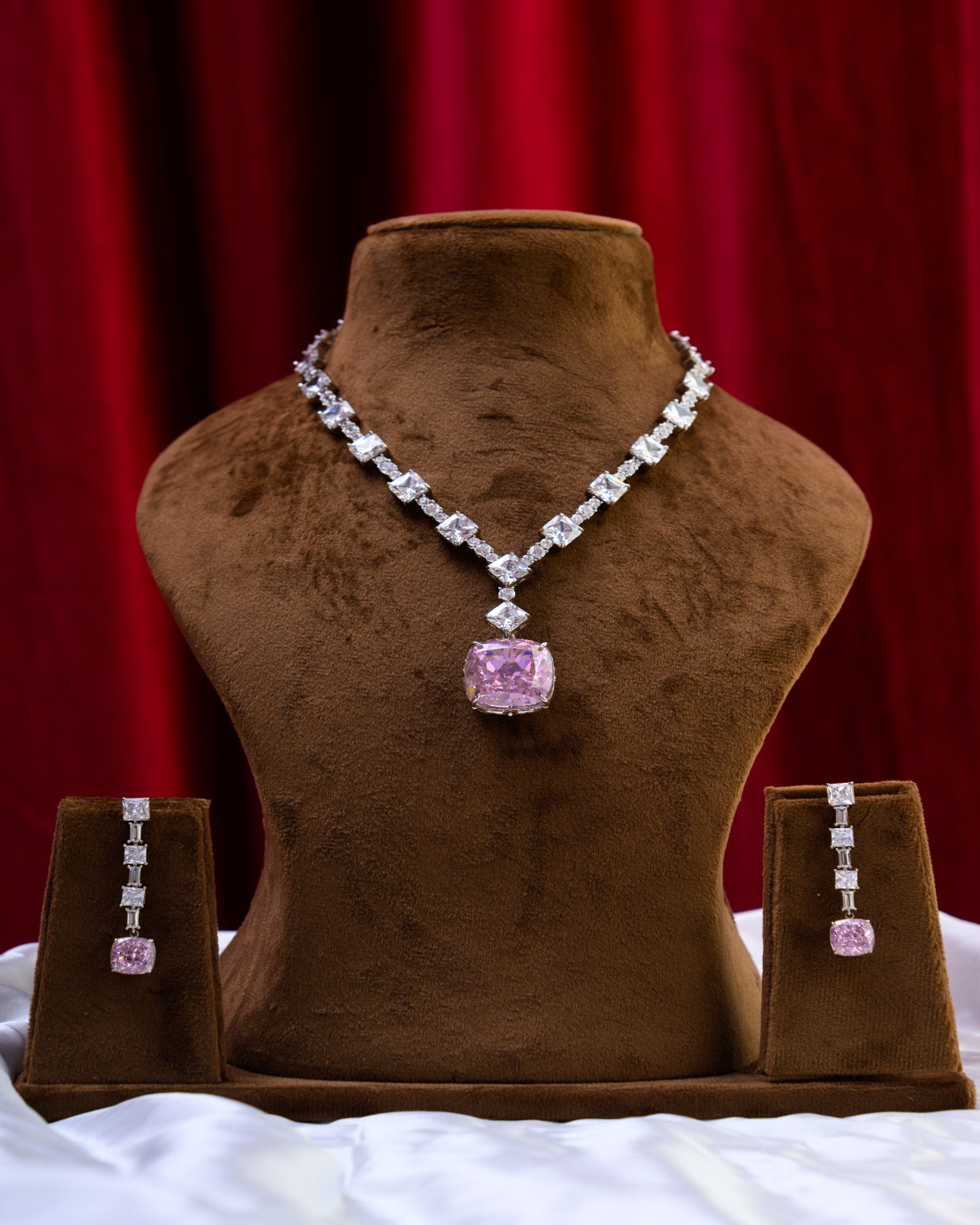 Pink Swarovski with CZ Necklace with Earrings