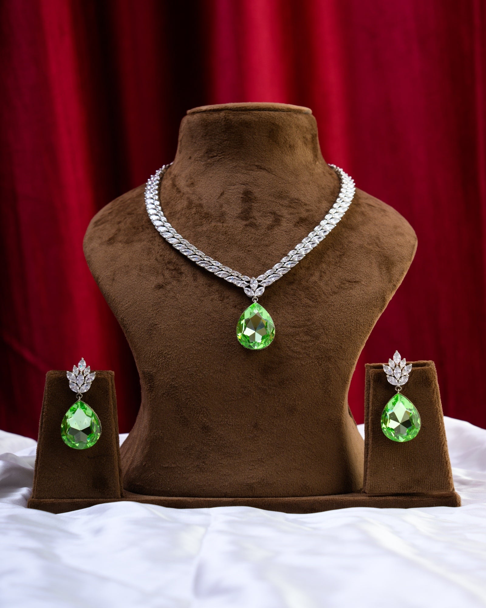 Green Apple Drop CZ Necklace with Earrings