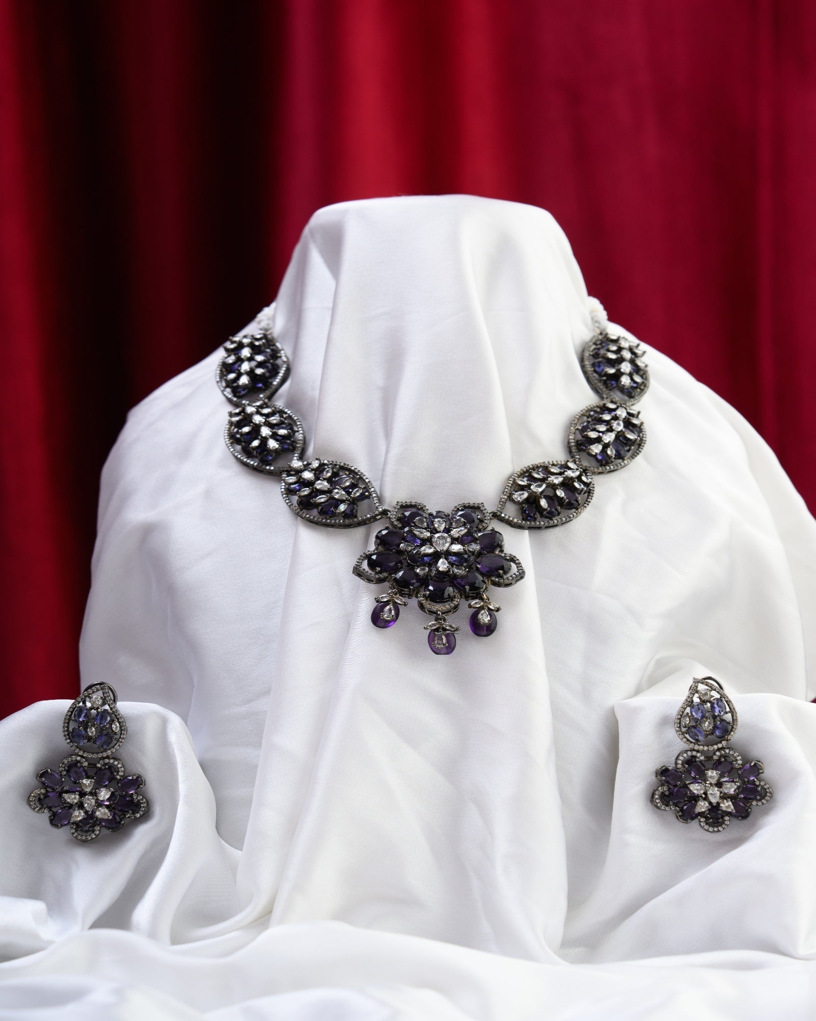 Amethyst Stones with Black Polish Necklace with Earrings
