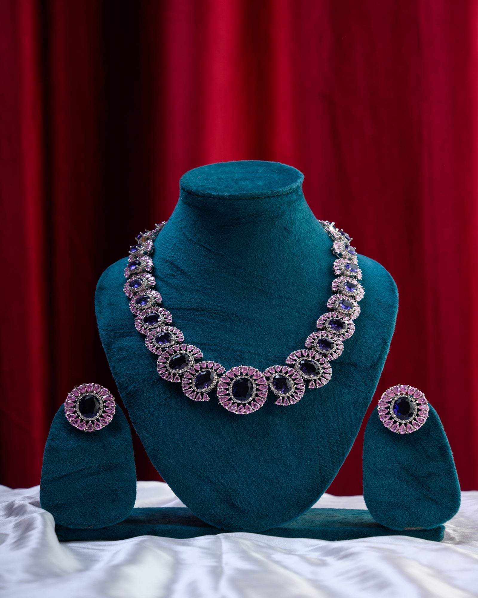 Purple Stones Embossed Pink AD Necklace with Earrings