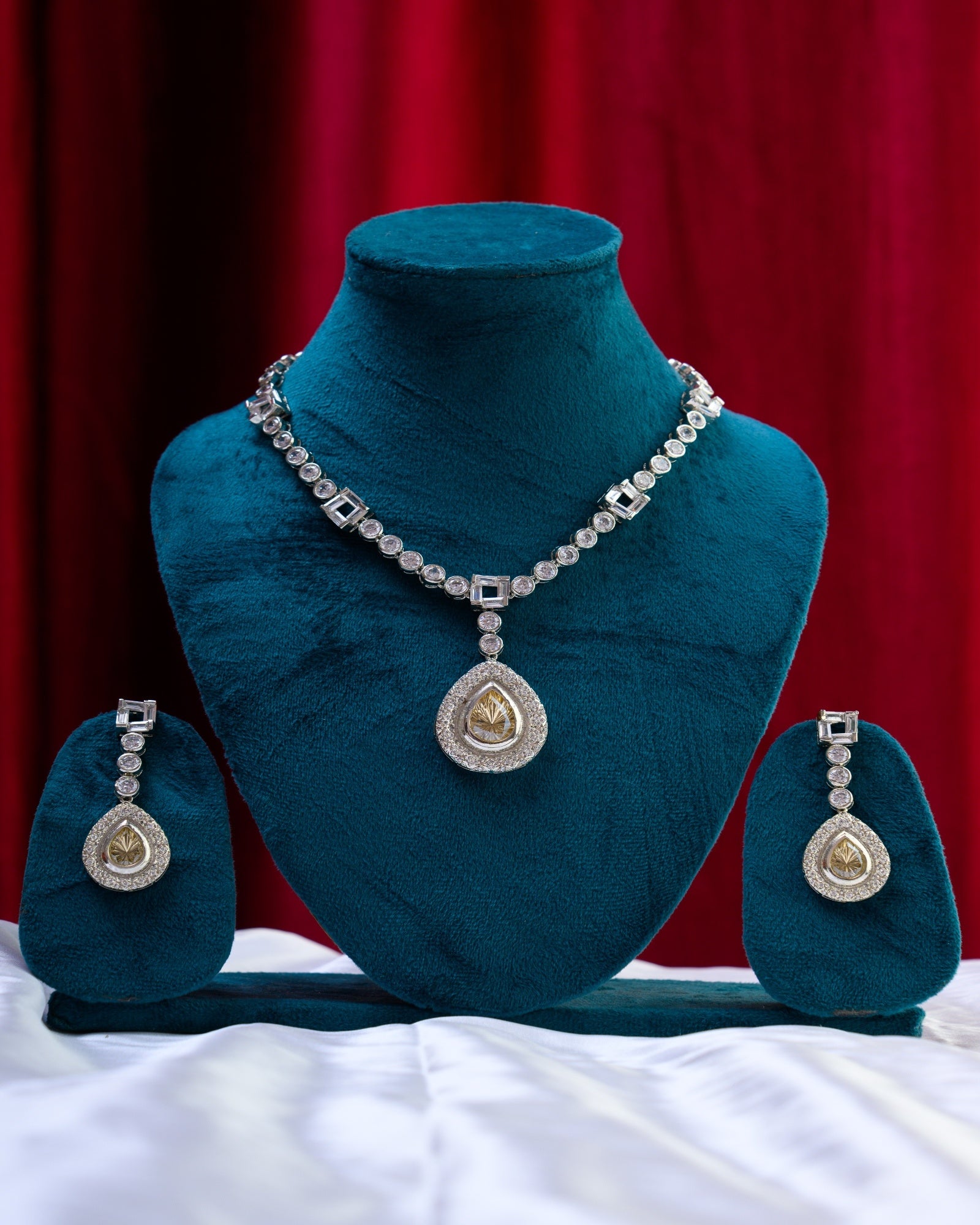European CZ Champagne Necklace with Earrings