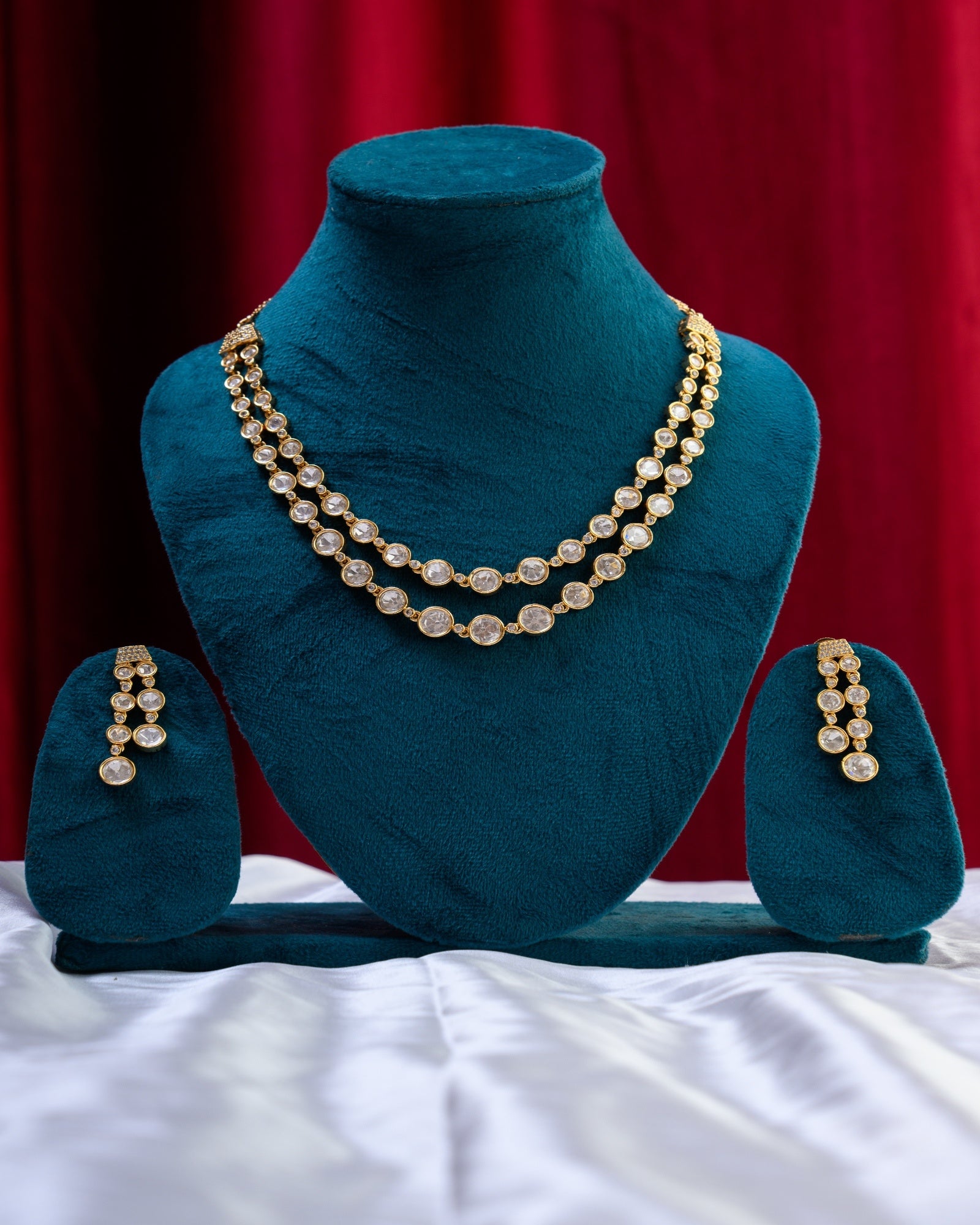 Golden Polki Necklace with Earrings in 925 Silver Plating