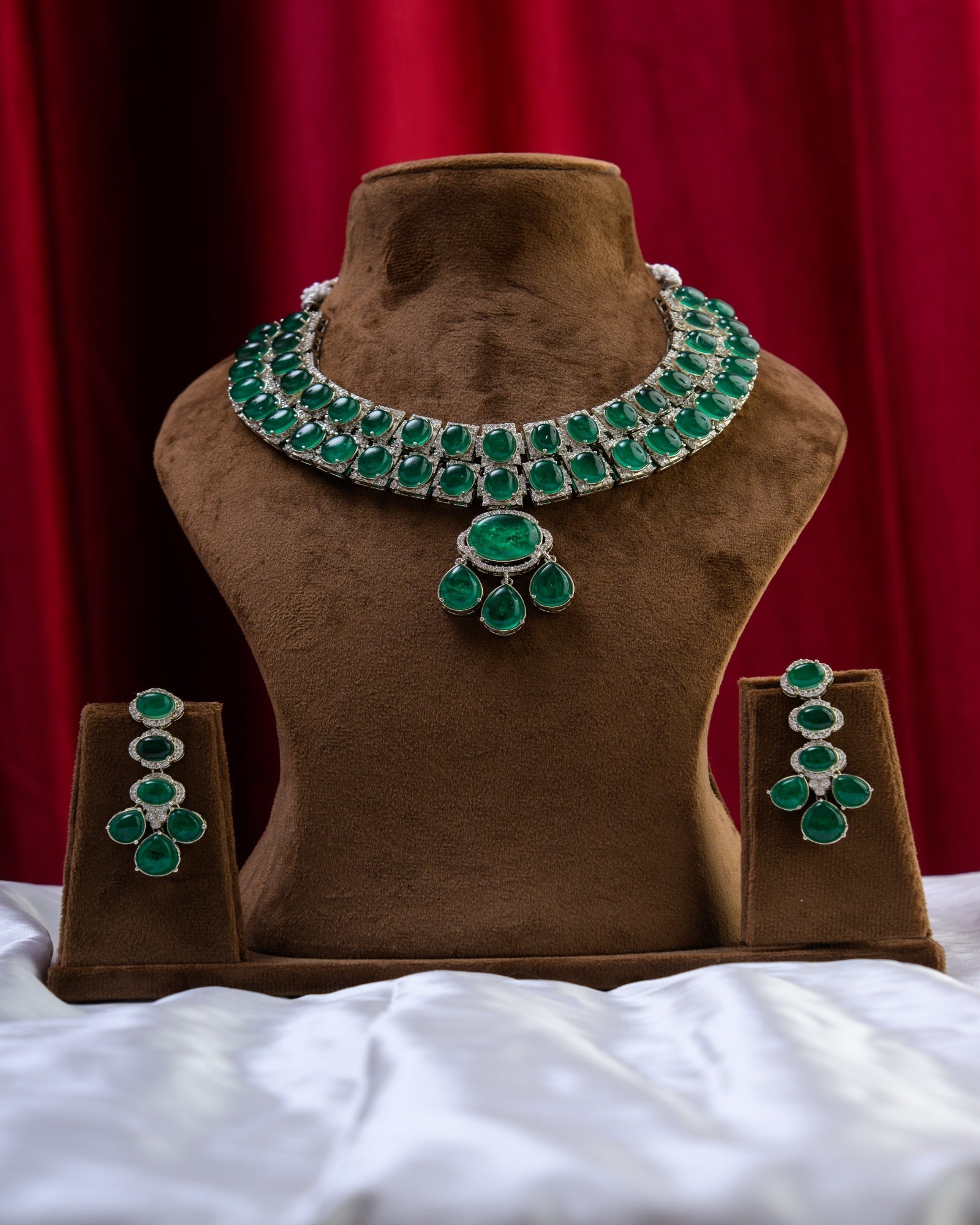 Green Russian Doublet Embossed in CZ Necklace with Earrings