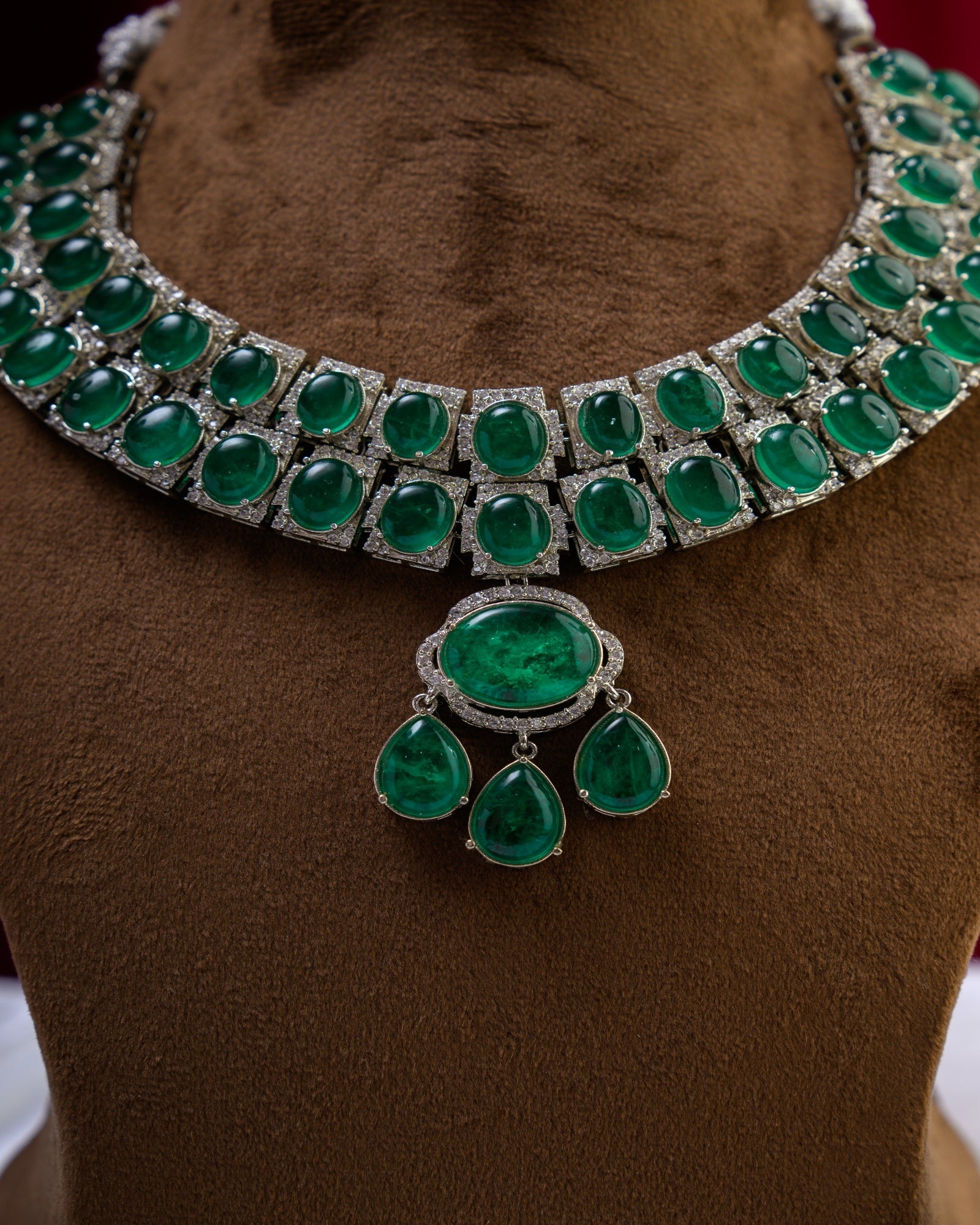 Green Russian Doublet Embossed in CZ Necklace with Earrings