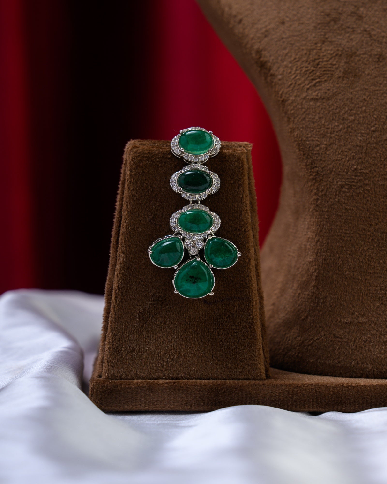 Green Russian Doublet Embossed in CZ Necklace with Earrings
