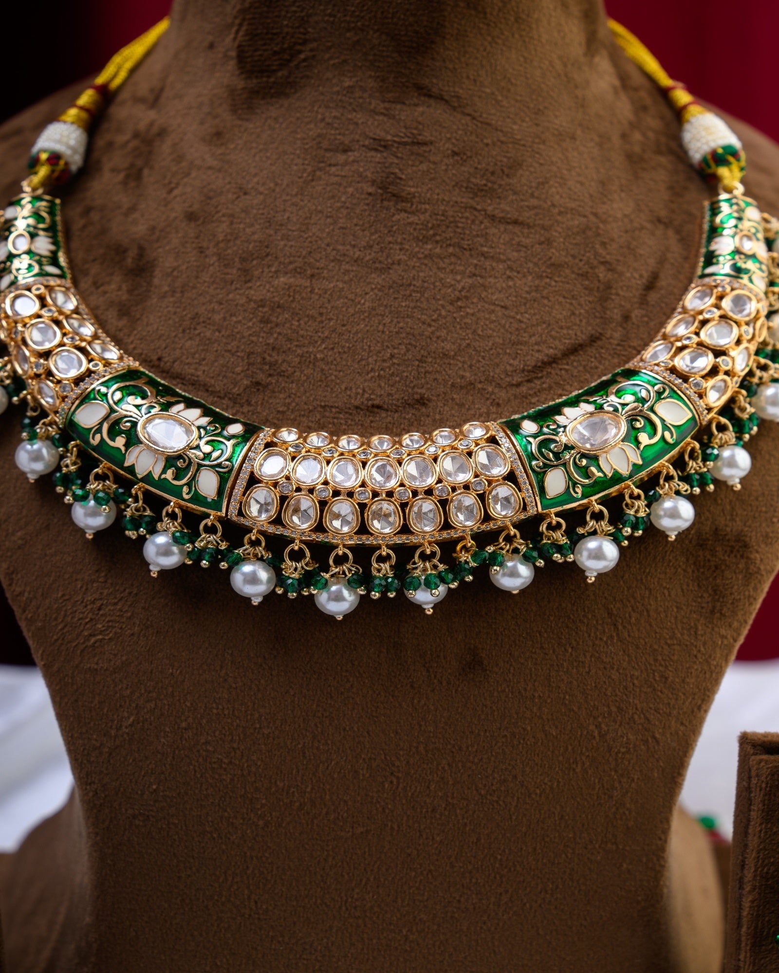 Green Enamel & Polki with Pearl Rajwada Style Necklace with Earrings