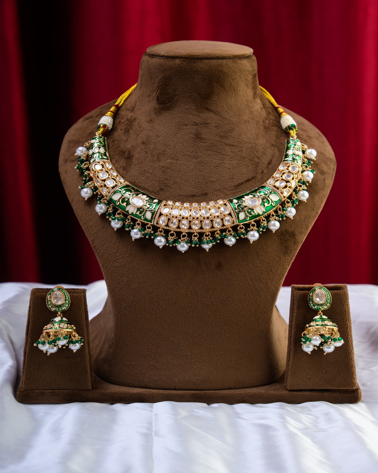 Green Enamel & Polki with Pearl Rajwada Style Necklace with Earrings