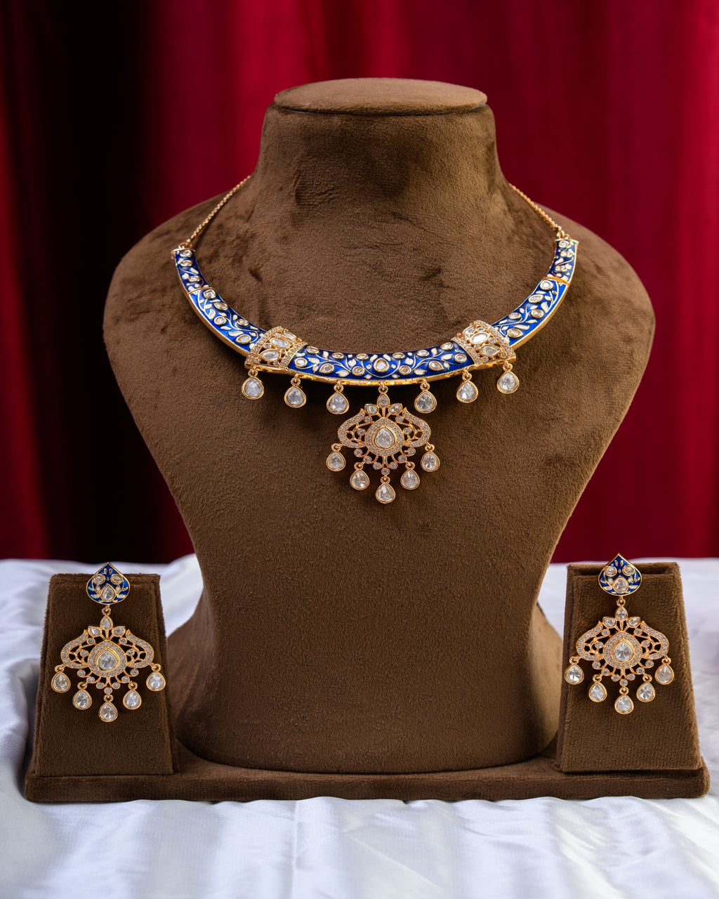 Blue Enamel with Polki Drops Rajwada Style Necklace with Earrings