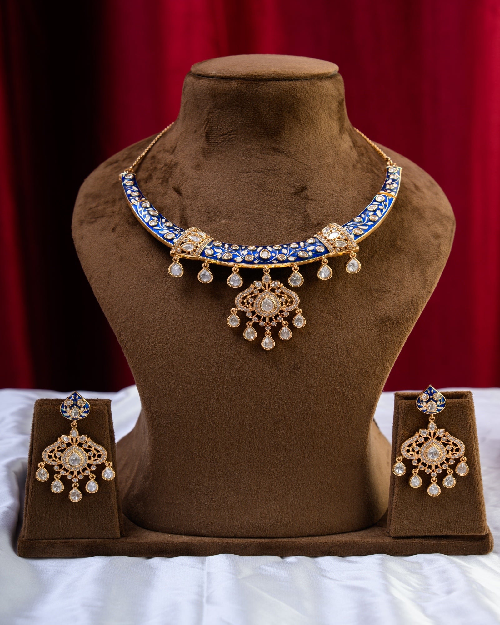Blue Enamel with Polki Drops Rajwada Style Necklace with Earrings