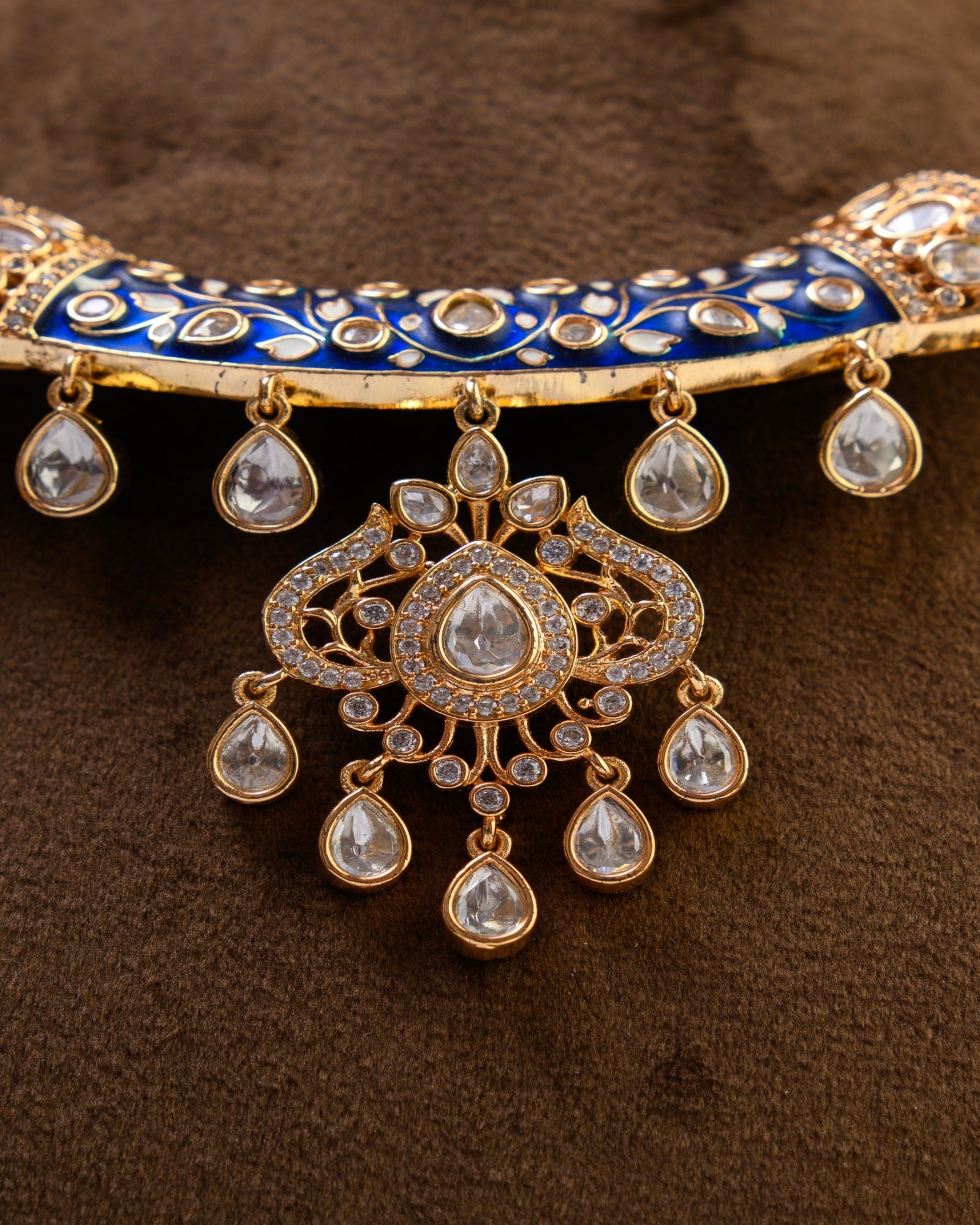Blue Enamel with Polki Drops Rajwada Style Necklace with Earrings