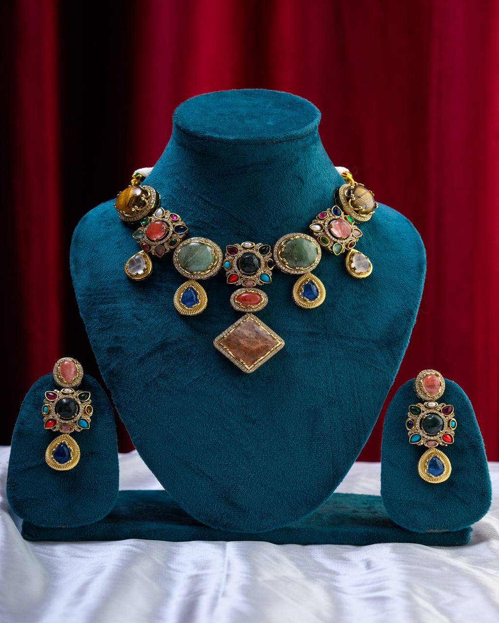 Turkish Apala Gold Multicolour Semi Precious Stone Necklace with Earrings