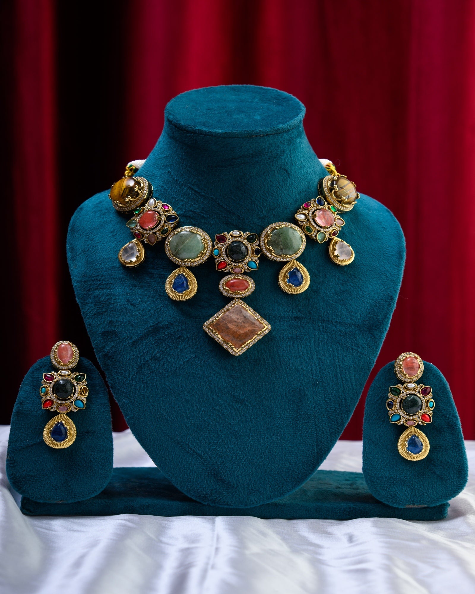 Turkish Apala Gold Multicolour Semi Precious Stone Necklace with Earrings