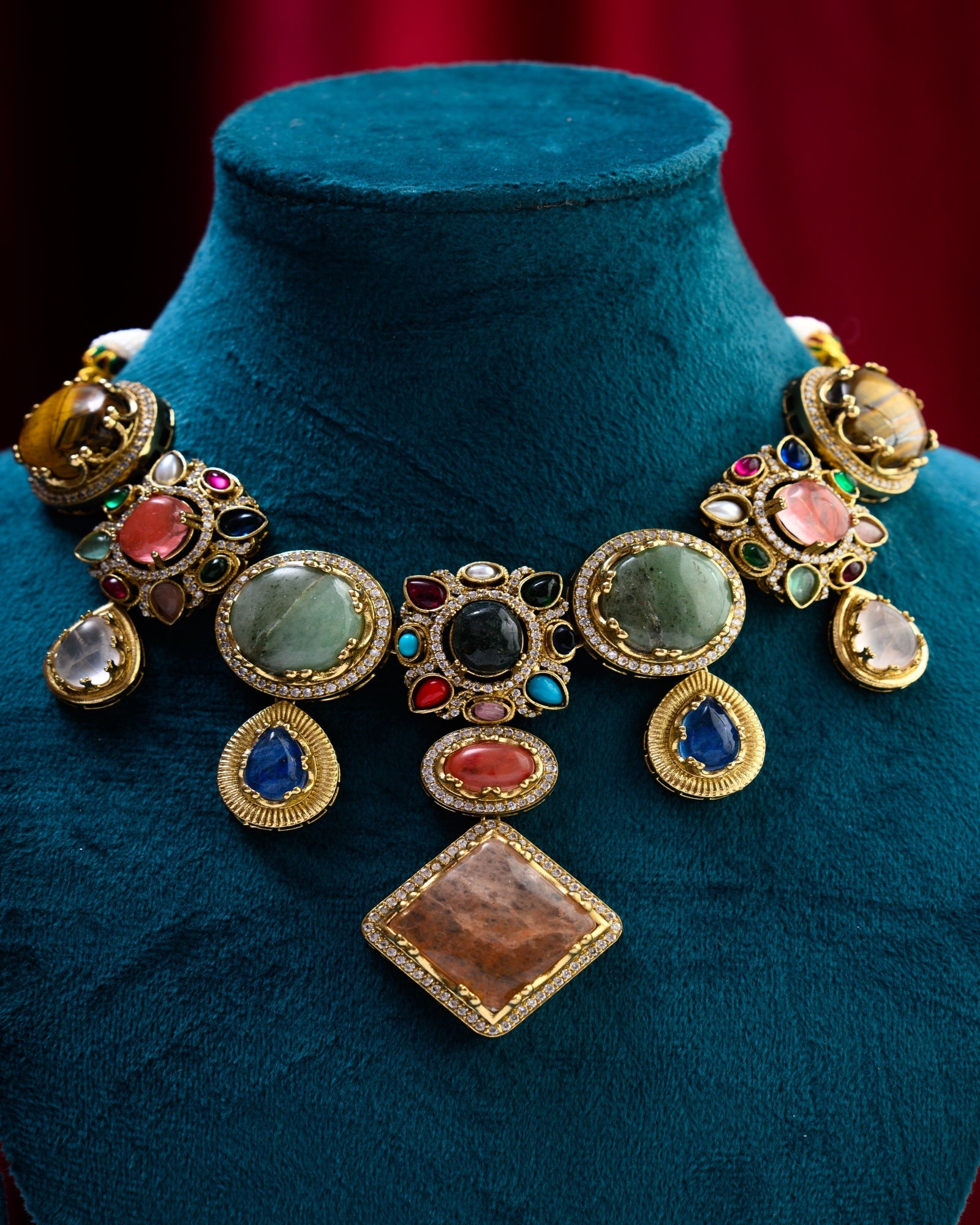 Turkish Apala Gold Multicolour Semi Precious Stone Necklace with Earrings