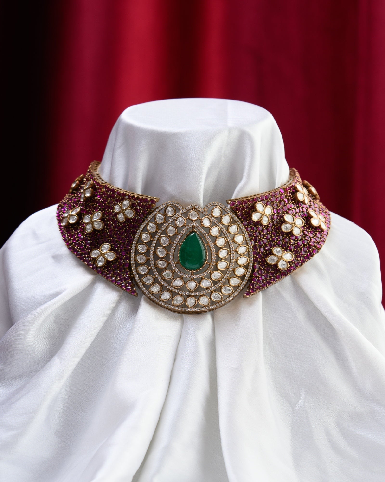Premium Rajwada Moissanite Kundan Ruby Choker with Earrings