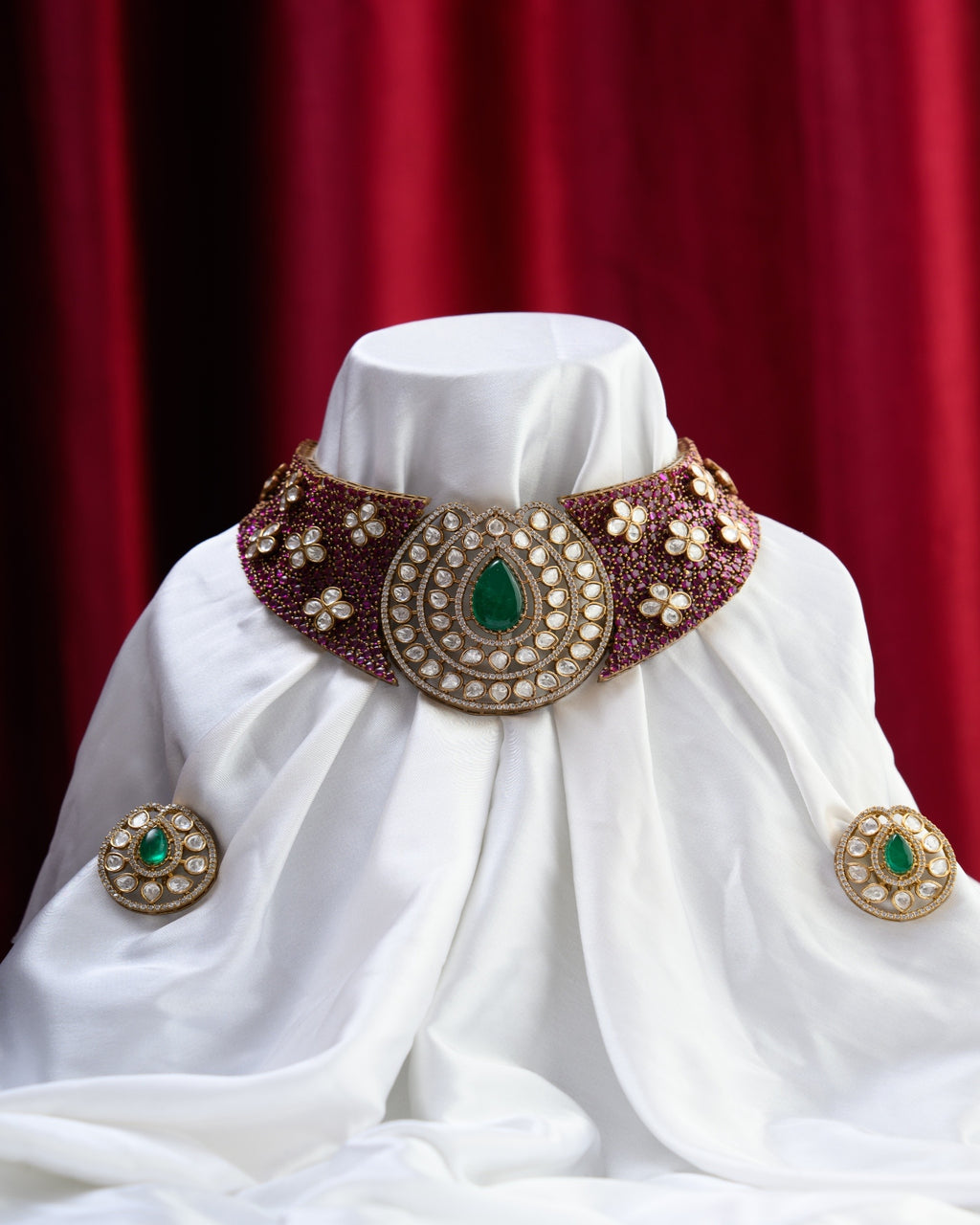 Premium Rajwada Moissanite Kundan Ruby Choker with Earrings