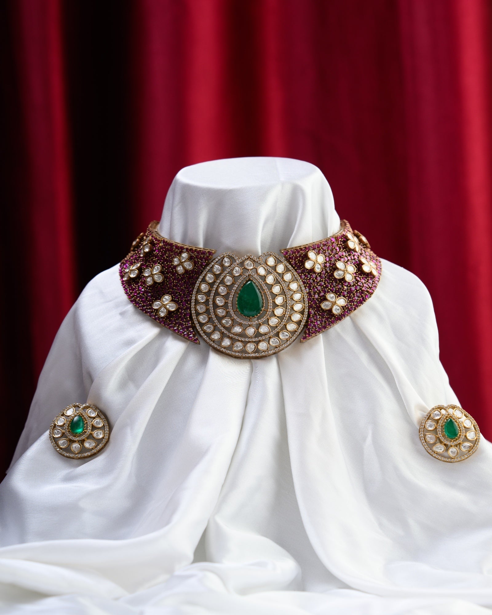 Premium Rajwada Moissanite Kundan Ruby Choker with Earrings