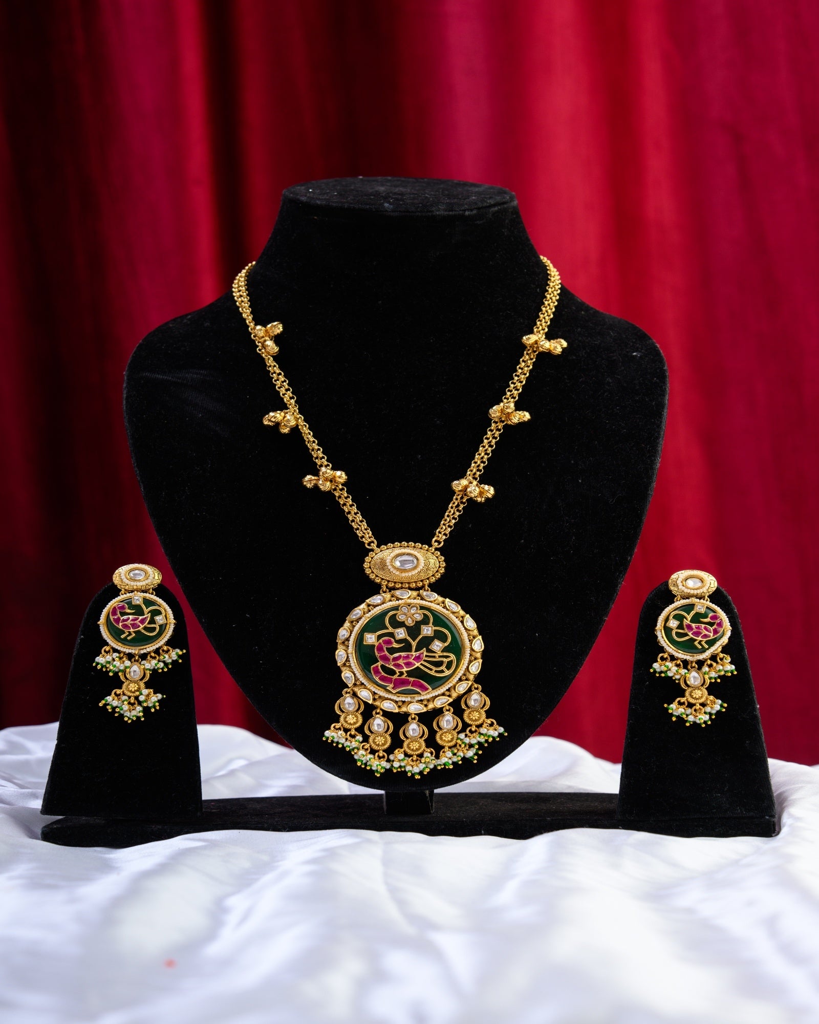 Peacock Apala Gold Long Necklace and Earrings with Ghungroo