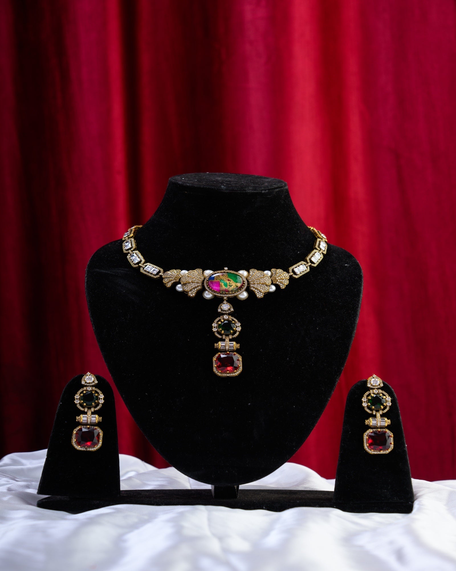 Multicolour Russian Doublet with Red Drop Stone Necklace with Earrings