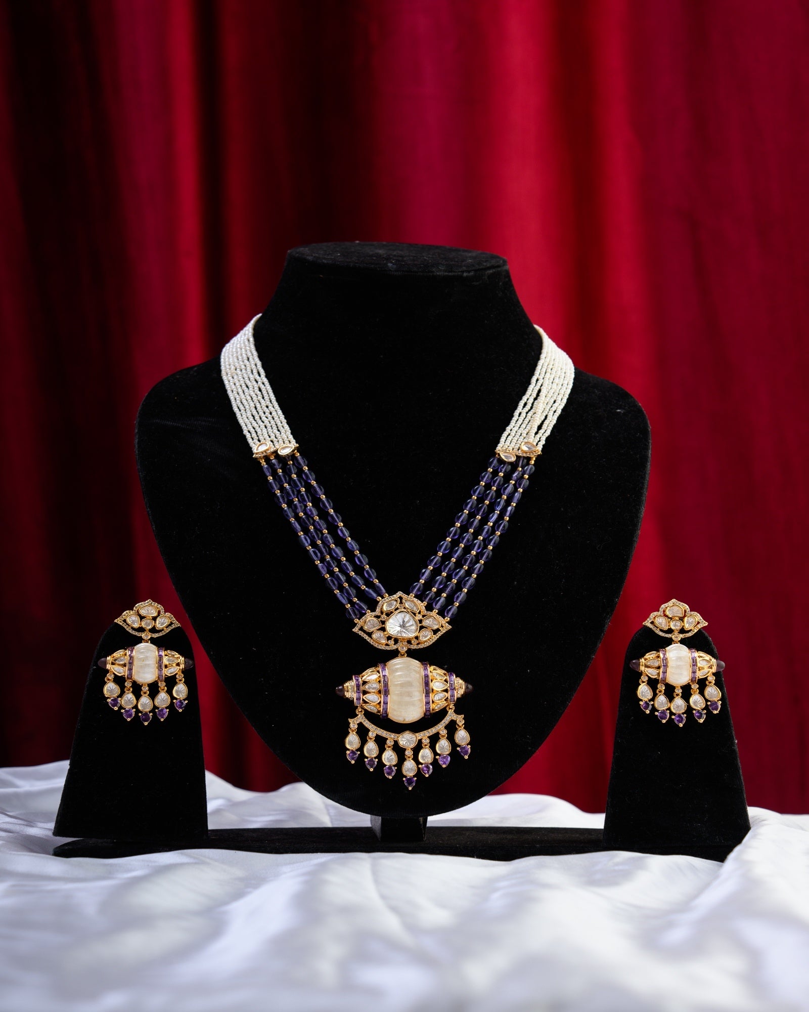 Blue White Pearl & Polki with Australian MOP Short Rani Haar with Earrings