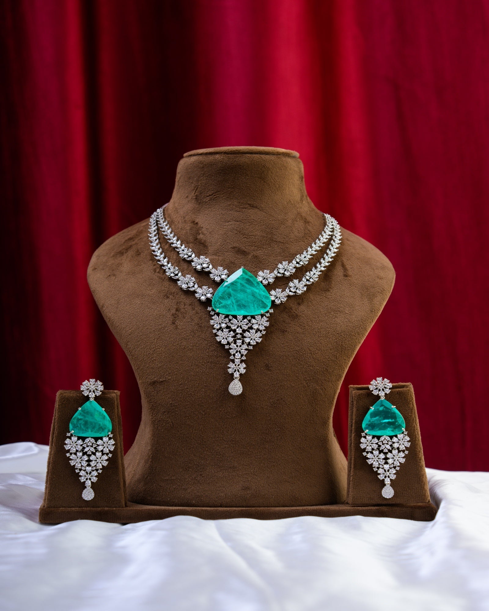 Mint Russian Doublet with 2 Line AD Necklace with Earrings
