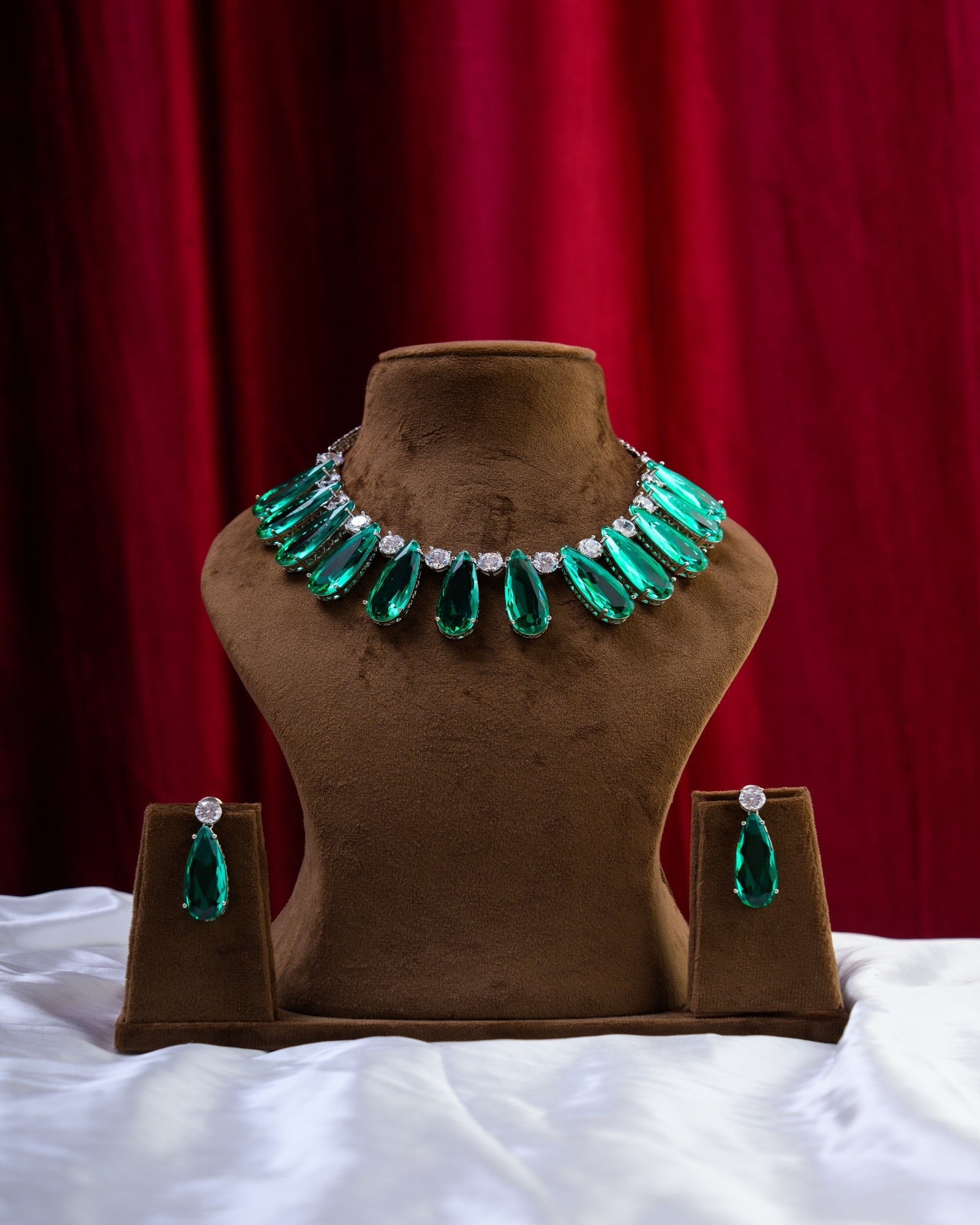 Mint Bold Glass Stone with AD Necklace with Earrings
