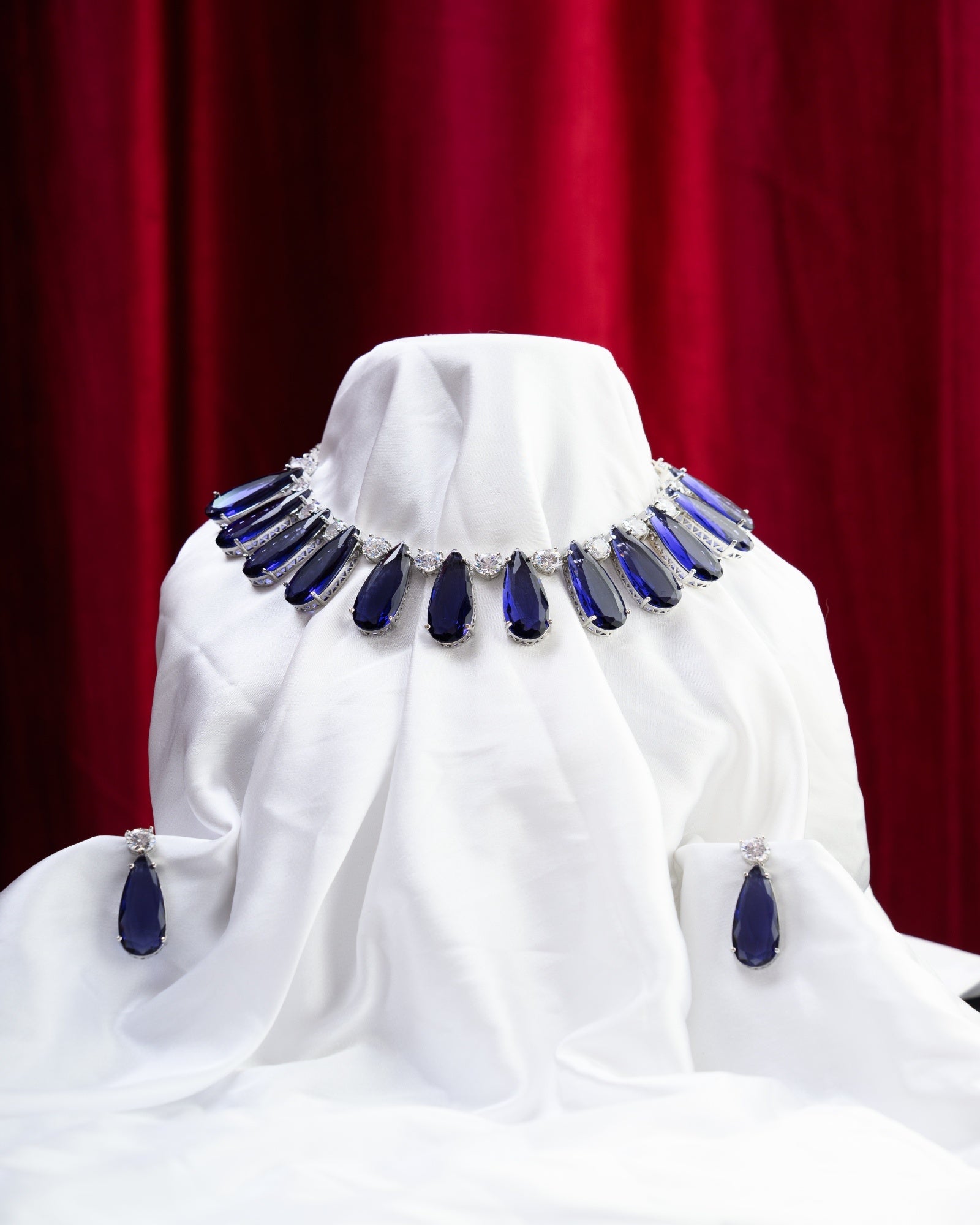 Blue Bold Glass Stone with AD Necklace with Earrings